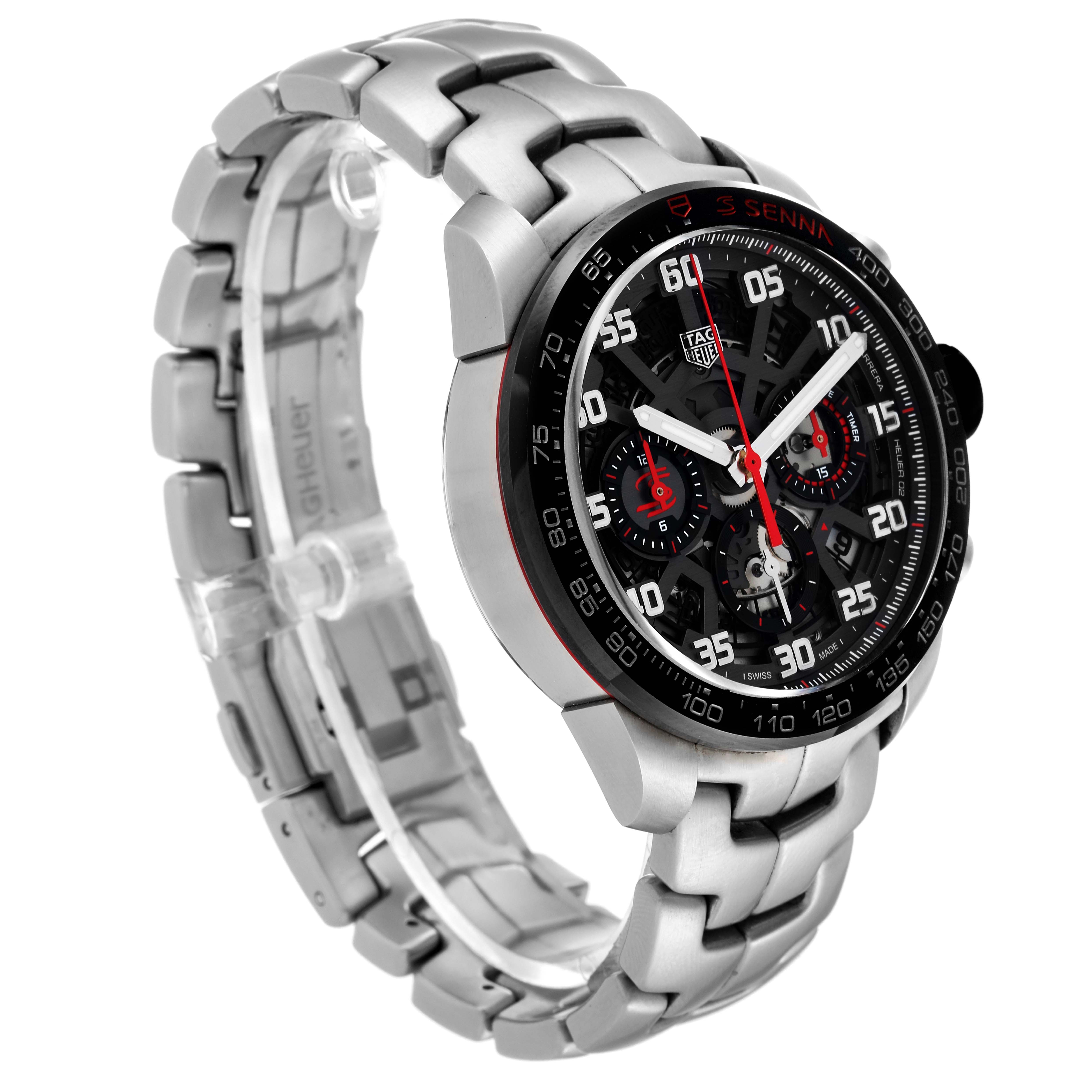 The image shows a Tag Heuer Carrera CBG2013 Men's Stainless Steel Transparent Dial CBG2013 Men's Stainless Steel Transparent Dial watch from an angled side view, featuring its dial, bezel, and metal bracelet.