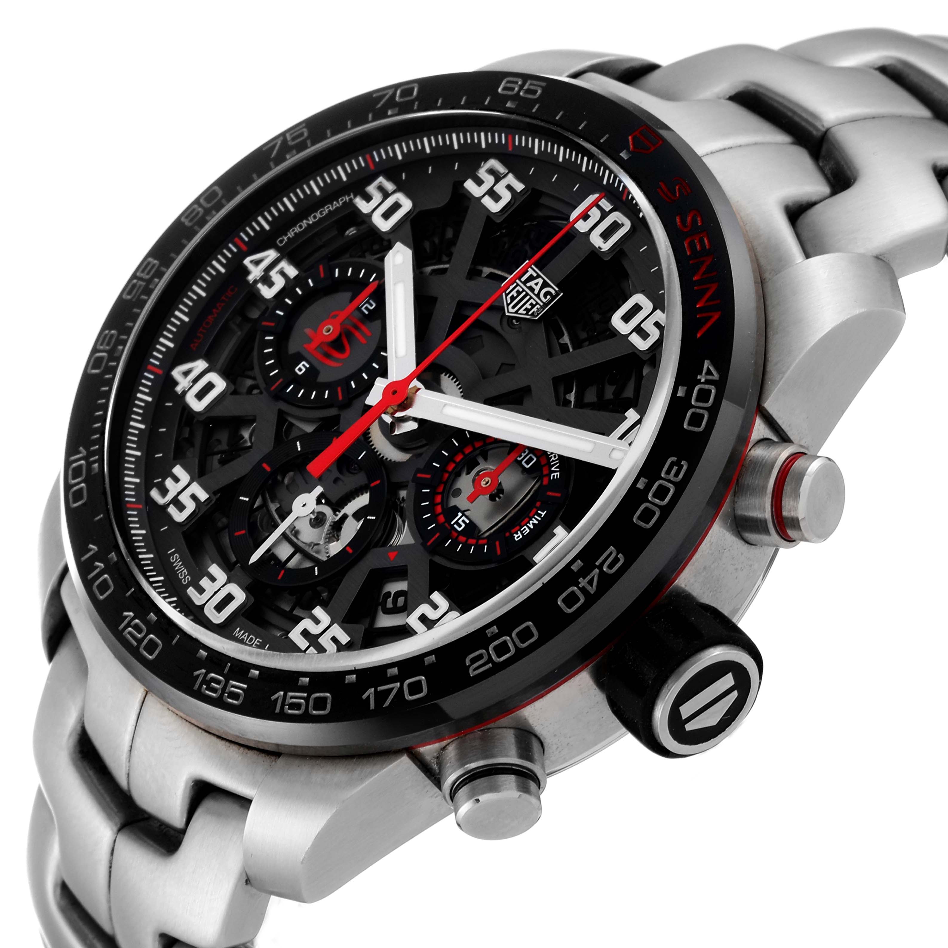 This image shows a close-up angle of the Tag Heuer Carrera CBG2013 Men's Stainless Steel Transparent Dial CBG2013 Men's Stainless Steel Transparent Dial watch, highlighting its detailed black dial and stainless steel bracelet.