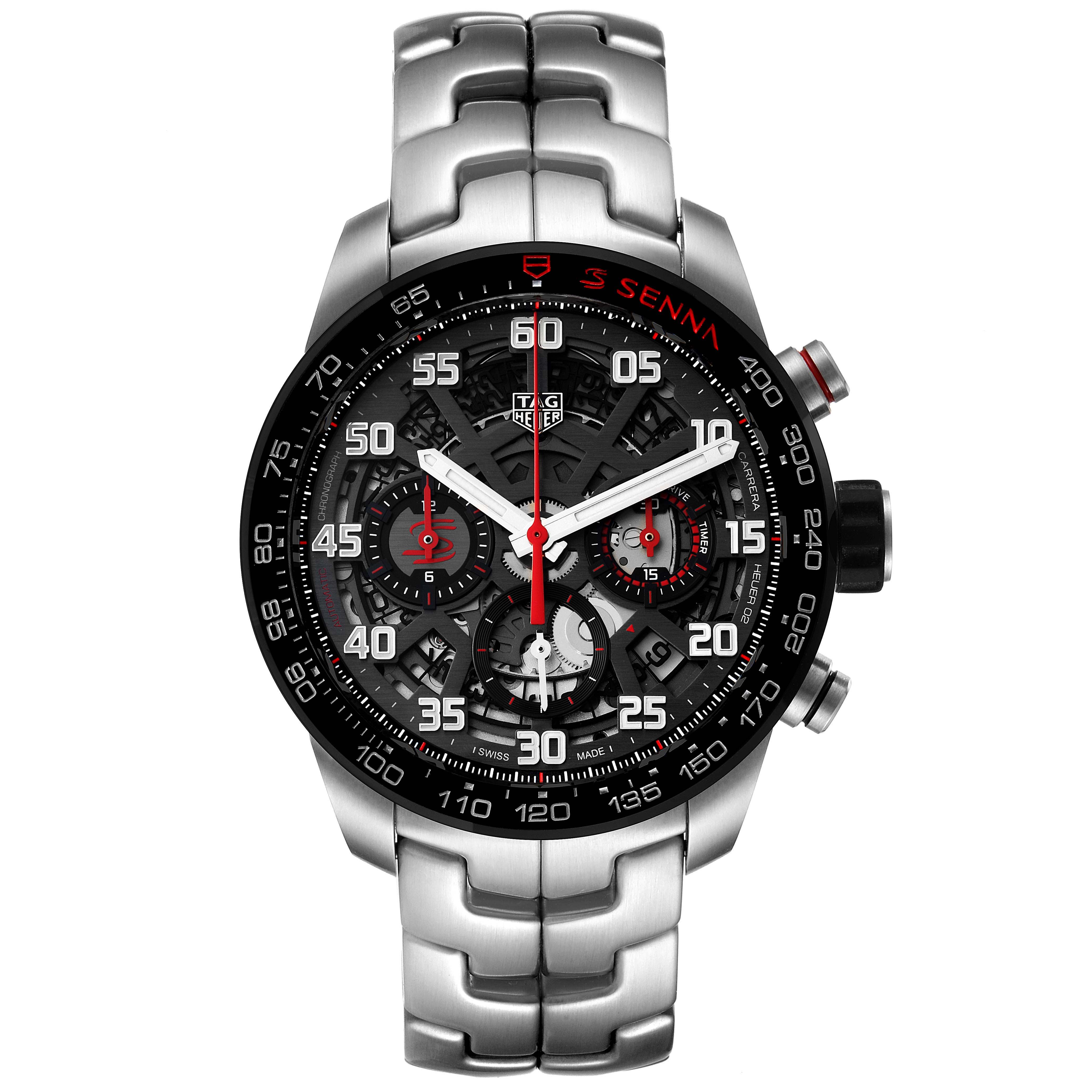 This image shows a close-up front view of a Tag Heuer Carrera CBG2013 Men's Stainless Steel Transparent Dial CBG2013 Men's Stainless Steel Transparent Dial watch, highlighting its dial and stainless steel bracelet.