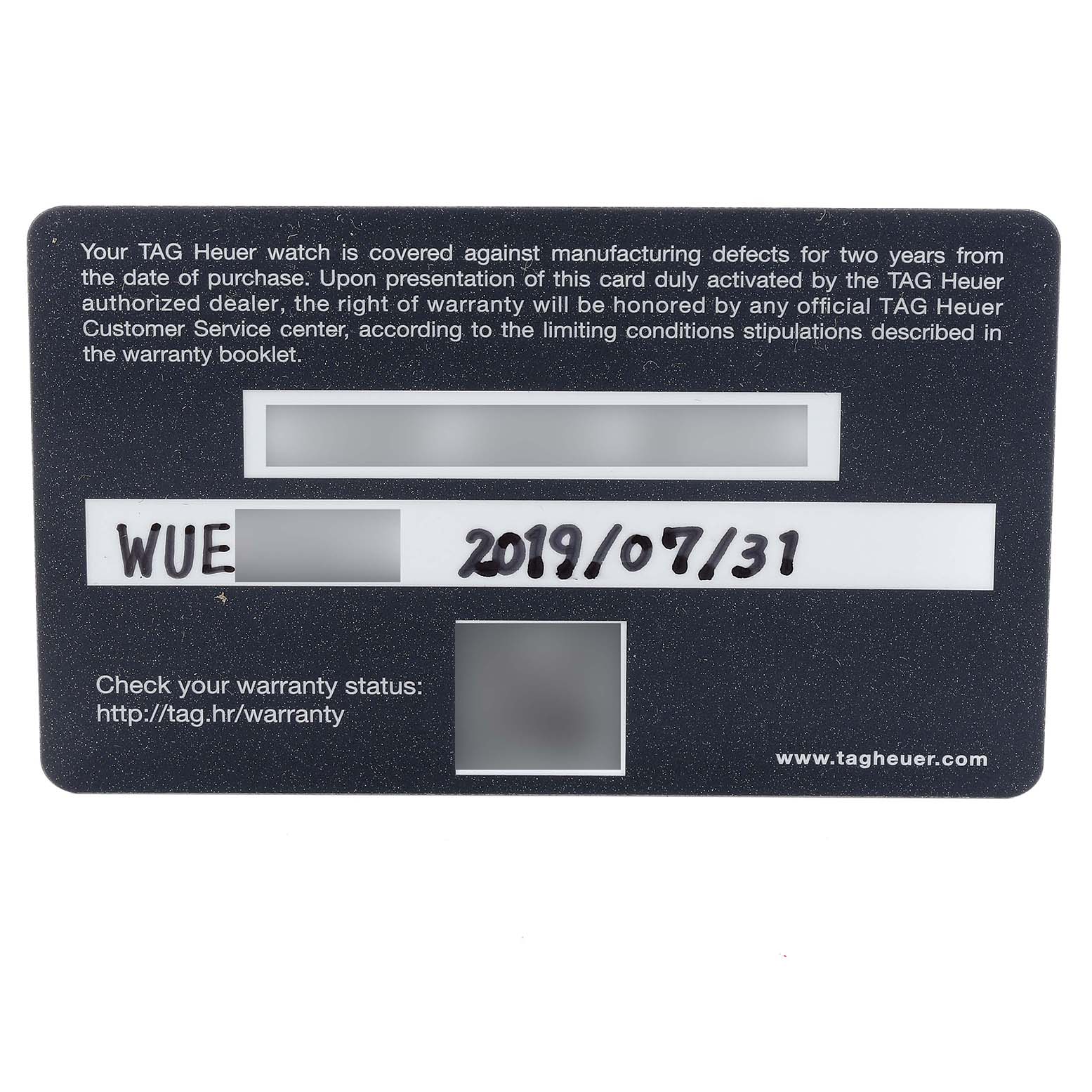 The image shows the warranty card for a Tag Heuer Carrera CBG2013 Men's Stainless Steel Transparent Dial CBG2013 Men's Stainless Steel Transparent Dial model watch, detailing coverage and purchase date.