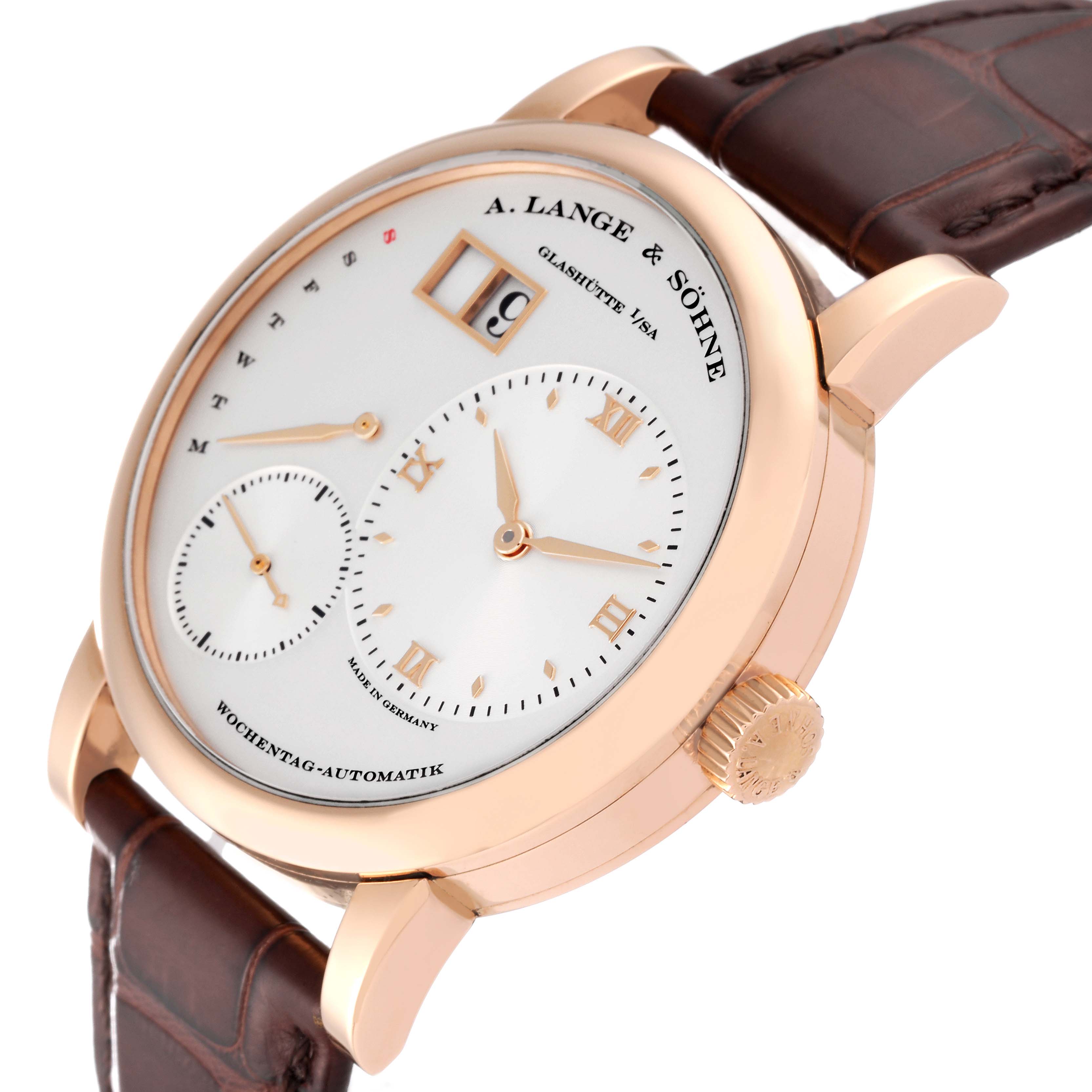 The image shows a close-up angle of an A. Lange & Sohne Lange 1 320.032 Men's Rose Gold Silver Dial watch, focusing on the dial and brown leather strap.