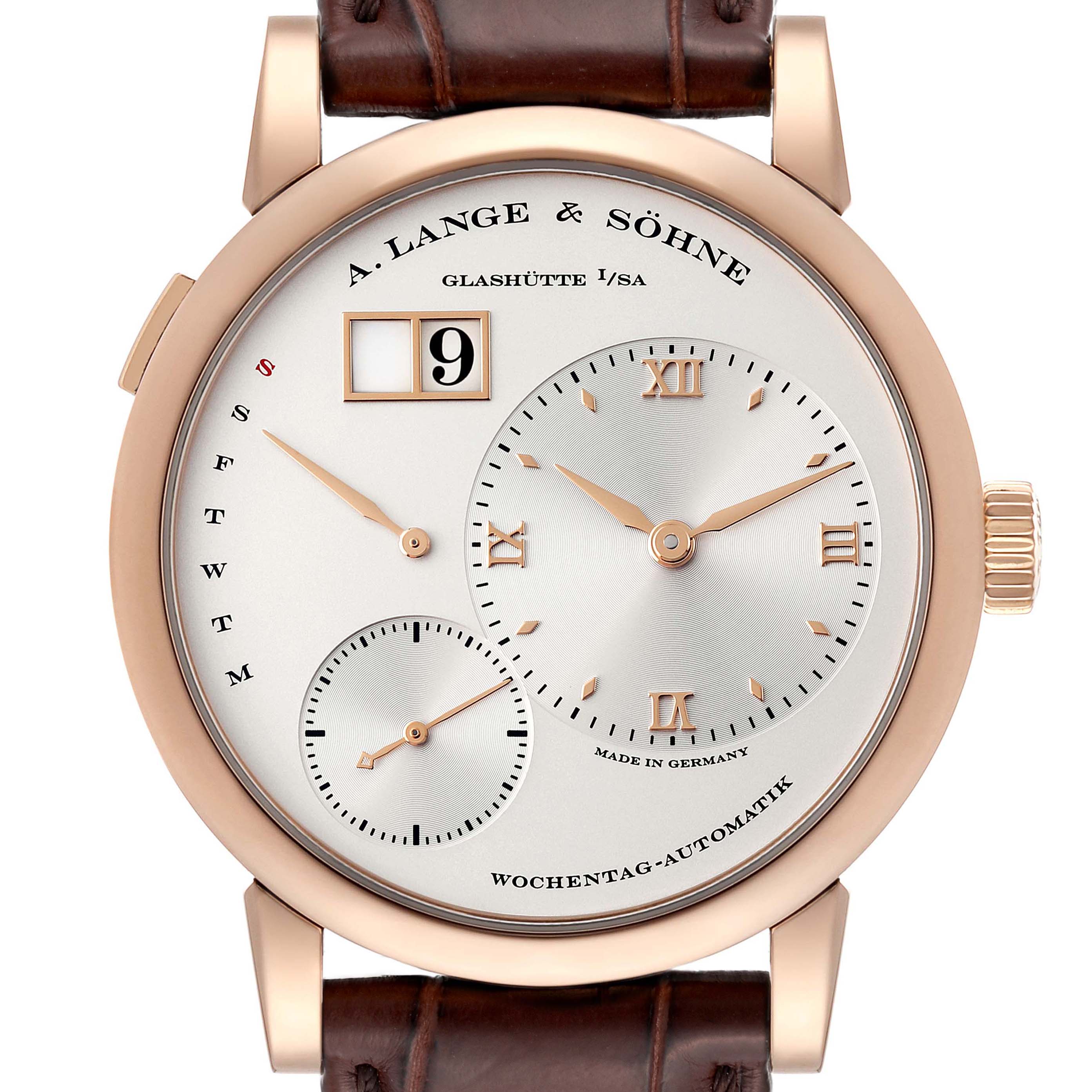 The image shows a front view of the A. Lange & Sohne Lange 1 320.032 Men's Rose Gold Silver Dial watch, highlighting its dial, hands, and date display.