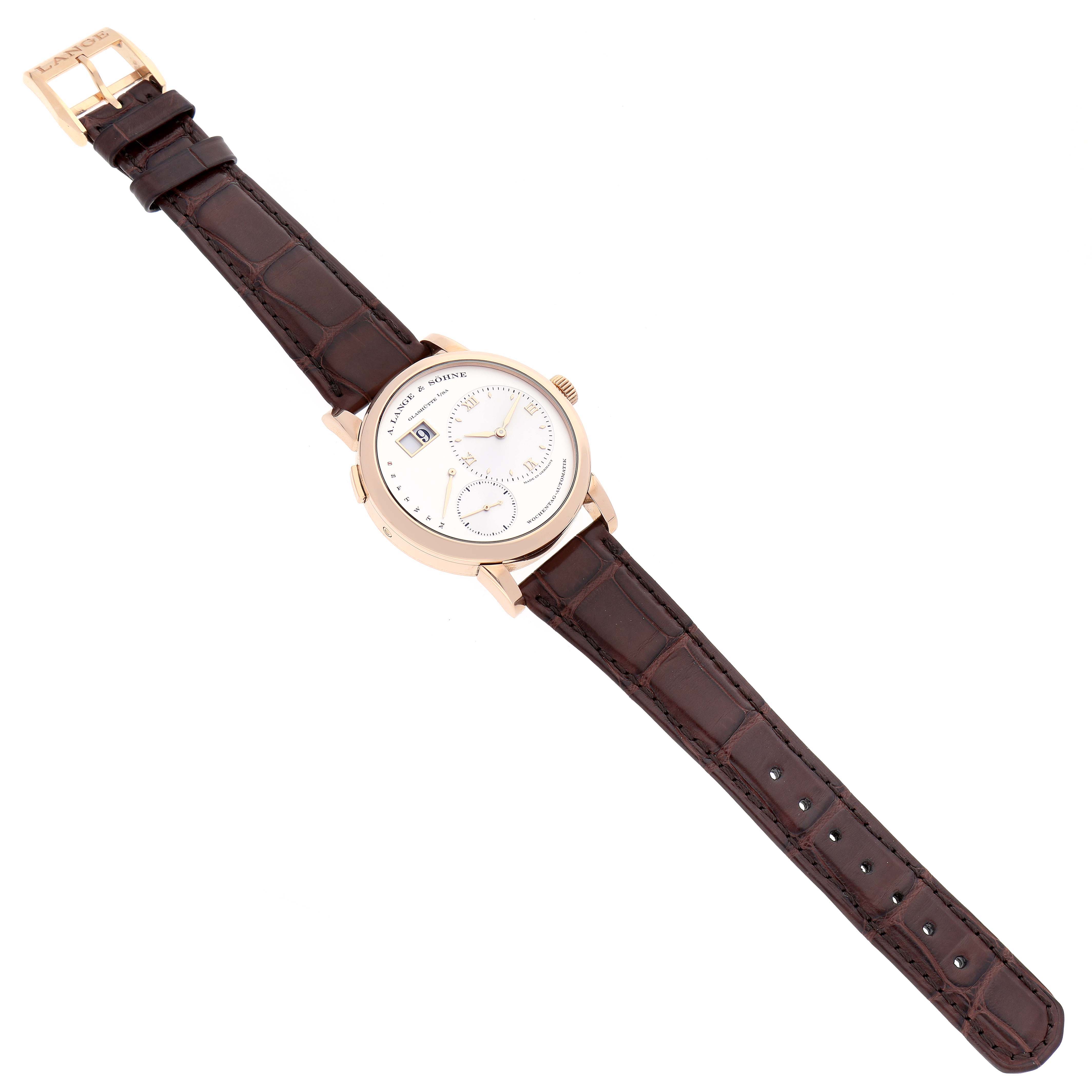 The A. Lange & Sohne Lange 1 320.032 Men's Rose Gold Silver Dial watch is shown from a top view, displaying the dial, case, and entire leather strap.
