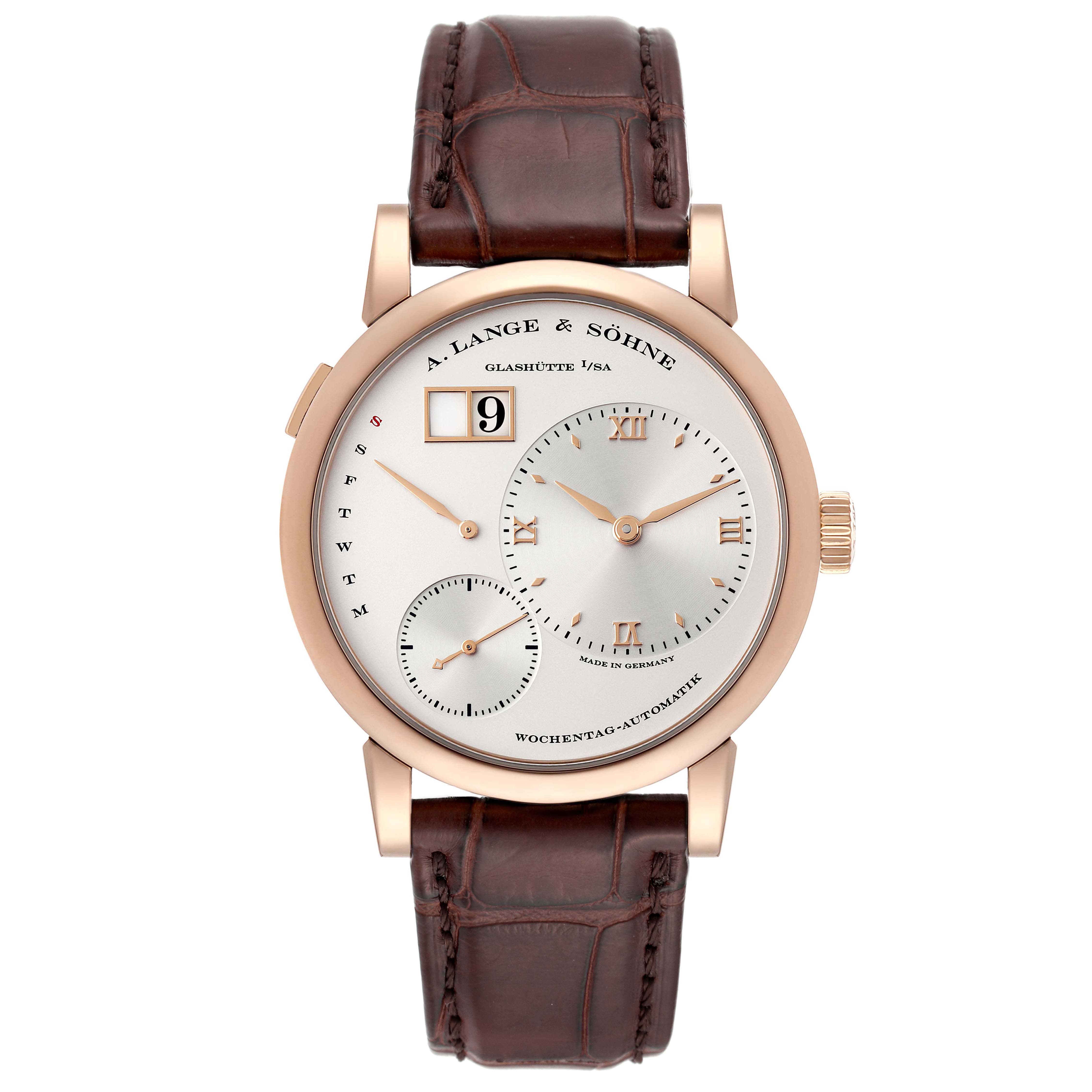 This image shows a front view of the Lange 1 model watch by A. Lange & Söhne with its dial, case, hands, and leather strap visible.