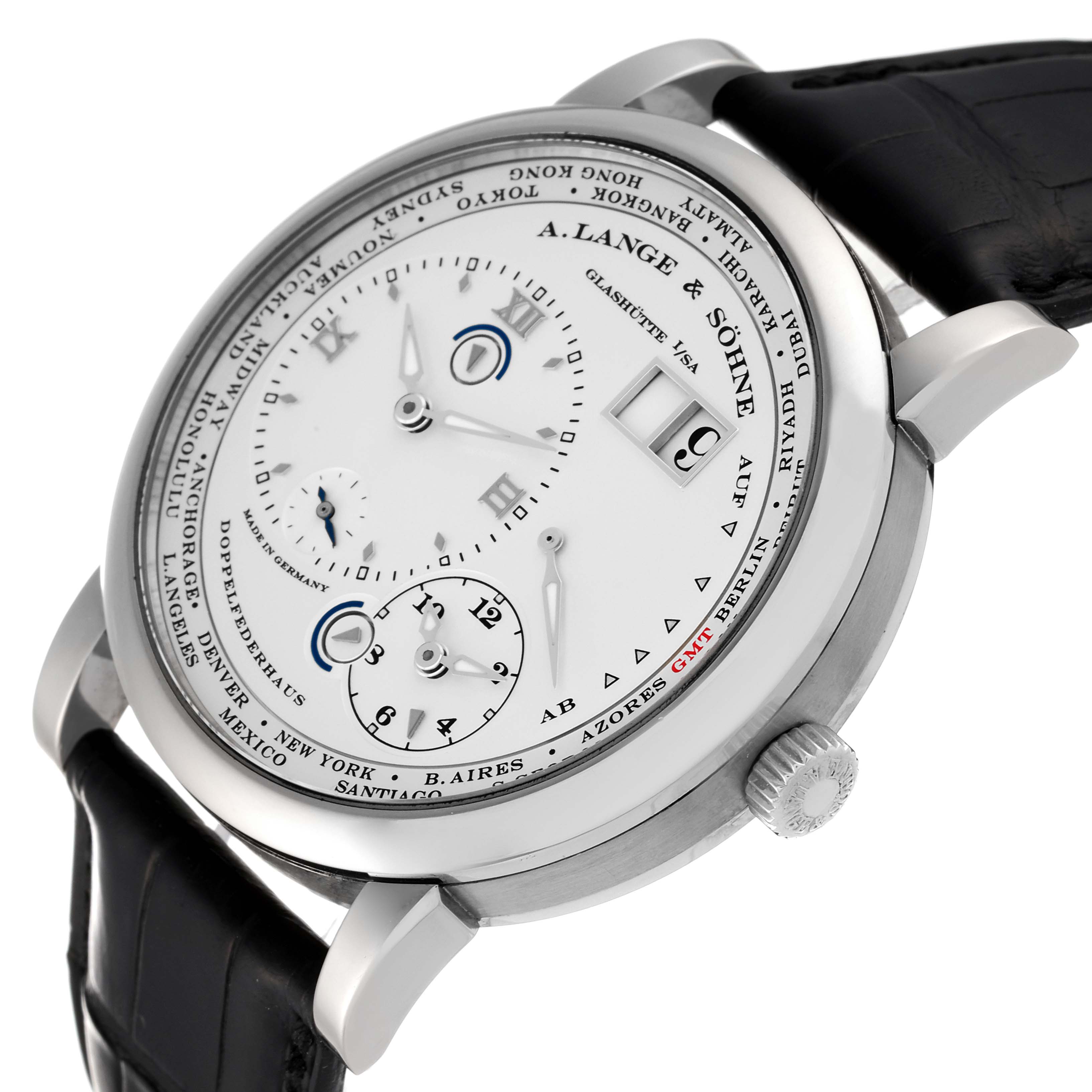 This image shows a Lange 1 watch by A. Lange & Sohne at an oblique angle, highlighting the face, crown, and part of the strap.