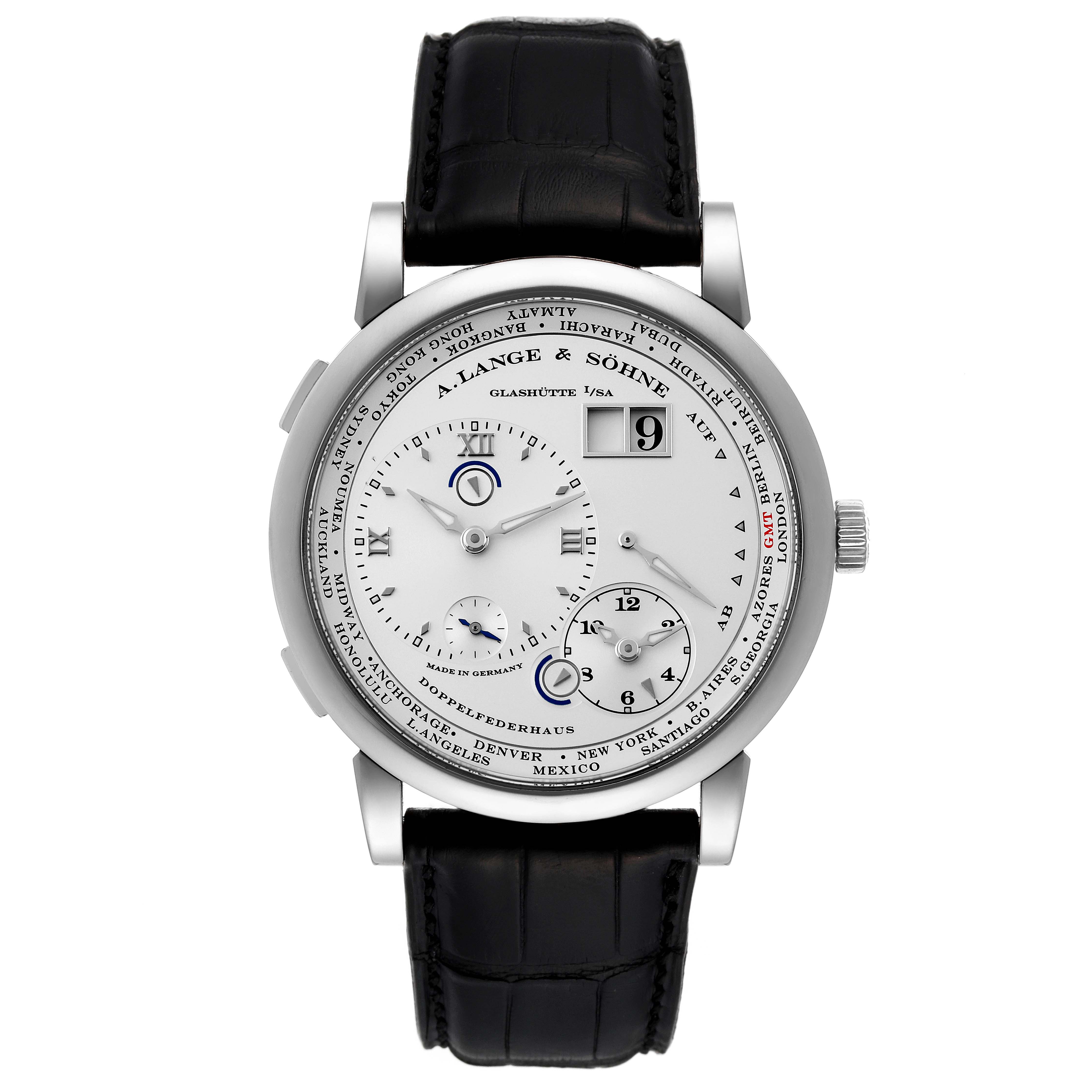 The image shows a front view of the Lange 1 model by A. Lange & Söhne, highlighting its dial and black leather strap.