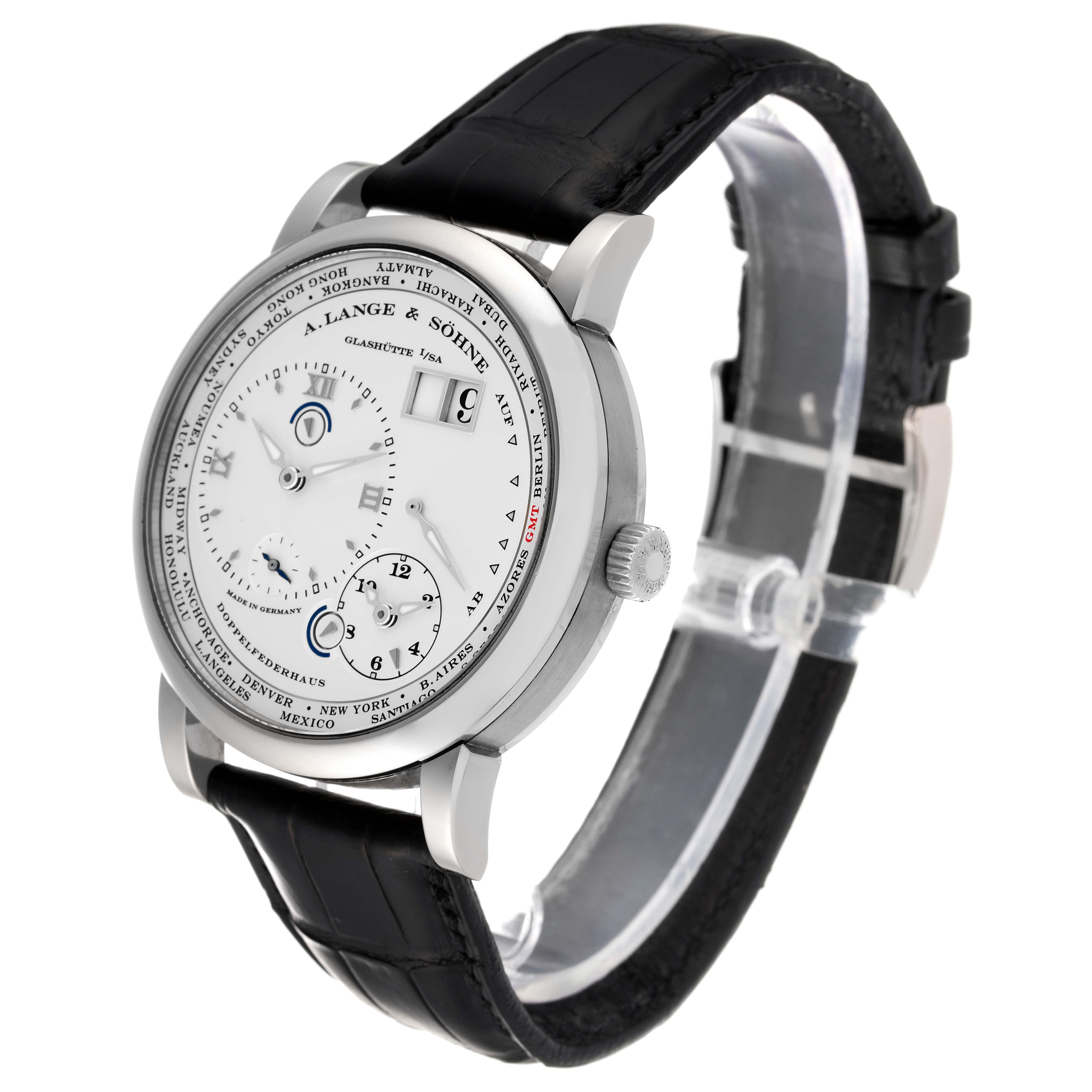 The A. Lange & Sohne Lange 1 116.039 Men's White Gold Silver Dial watch is shown at a three-quarter angle, highlighting its dial and black leather strap.