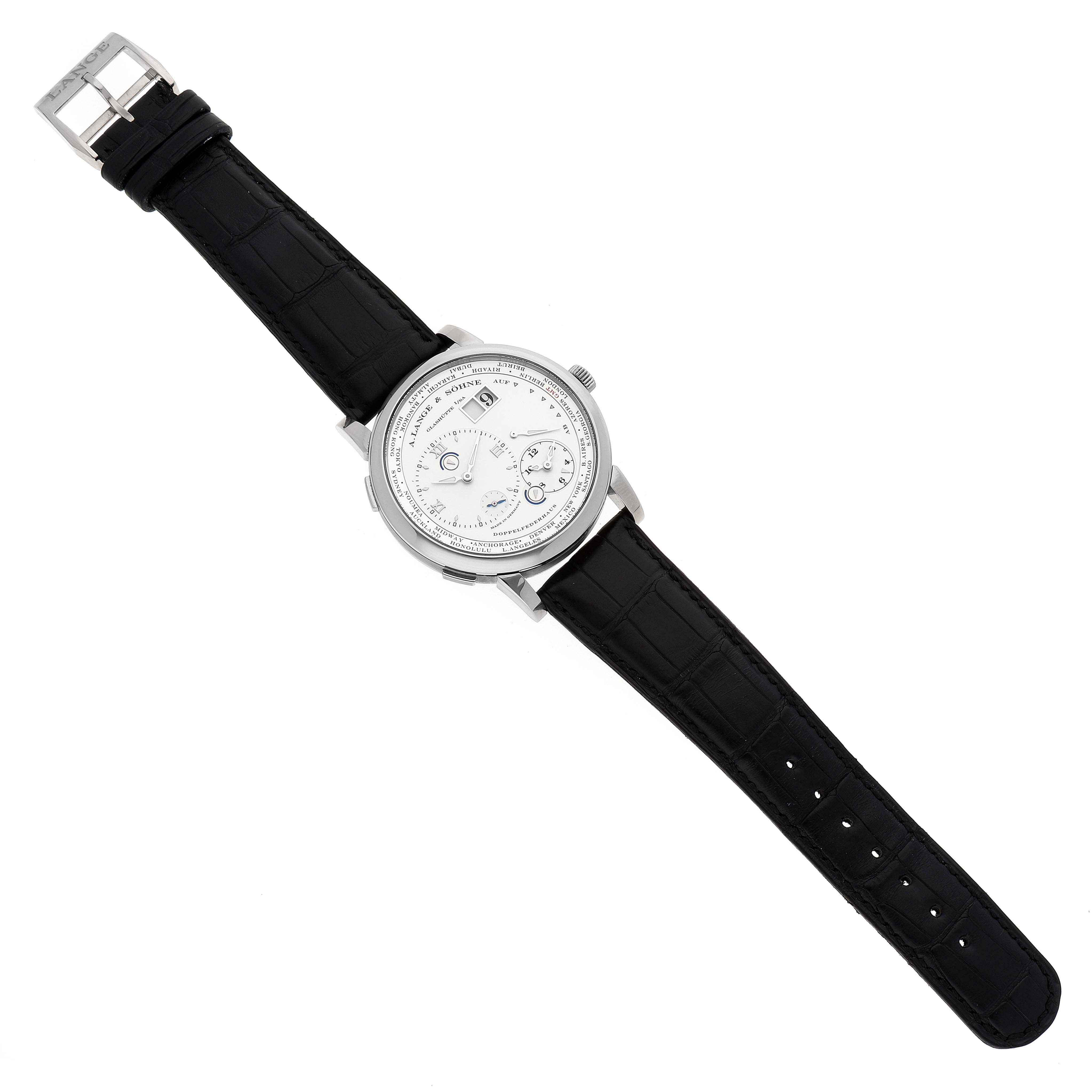 This image shows the A. Lange & Sohne Lange 1 116.039 Men's White Gold Silver Dial watch from a top-down angle, displaying the entire watch including the dial and leather strap.