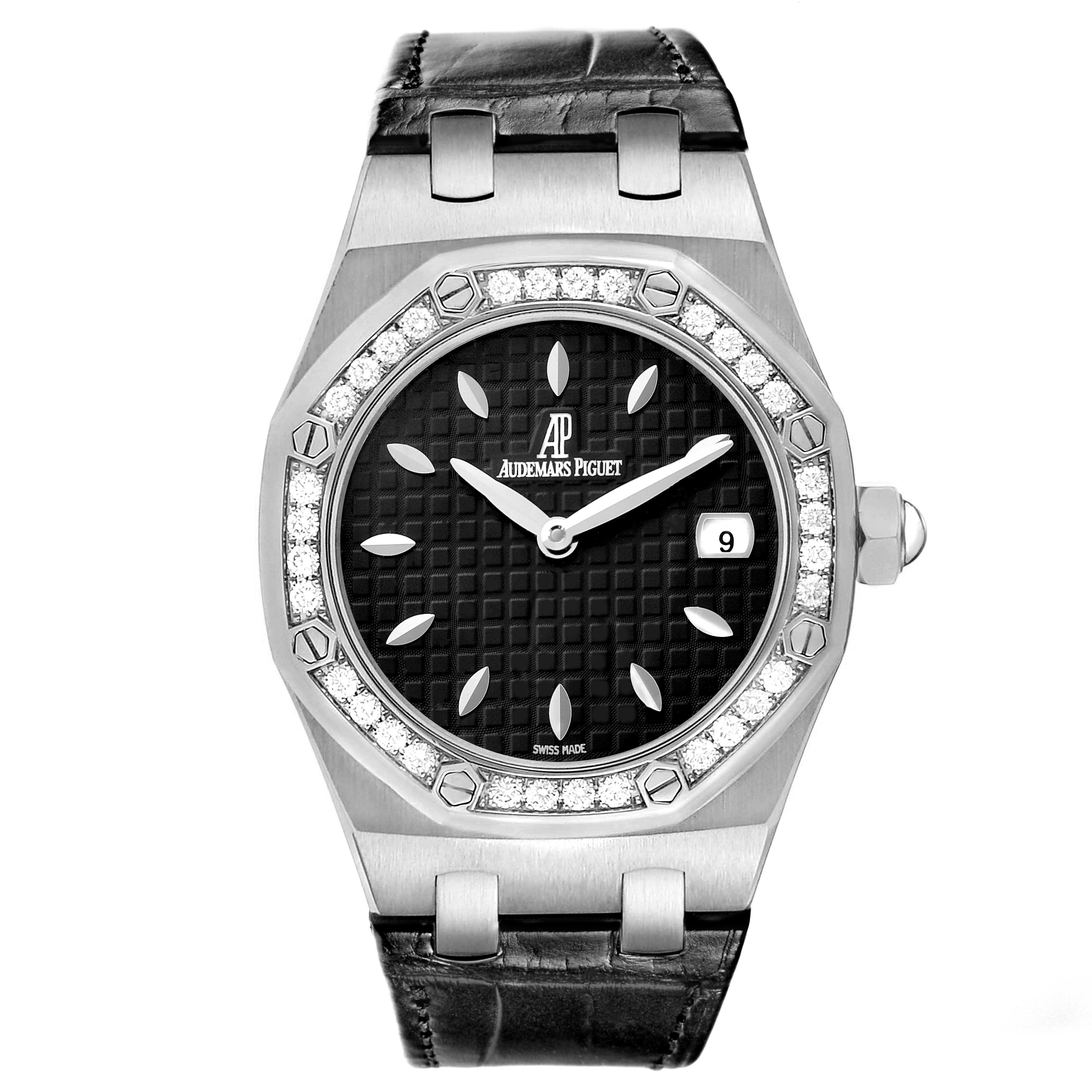 This image shows a front view of the Audemars Piguet Royal Oak 67601ST.ZZ.D002CR.01 Women's Stainless Steel Black Dial, highlighting the bezel, dial, and date window.