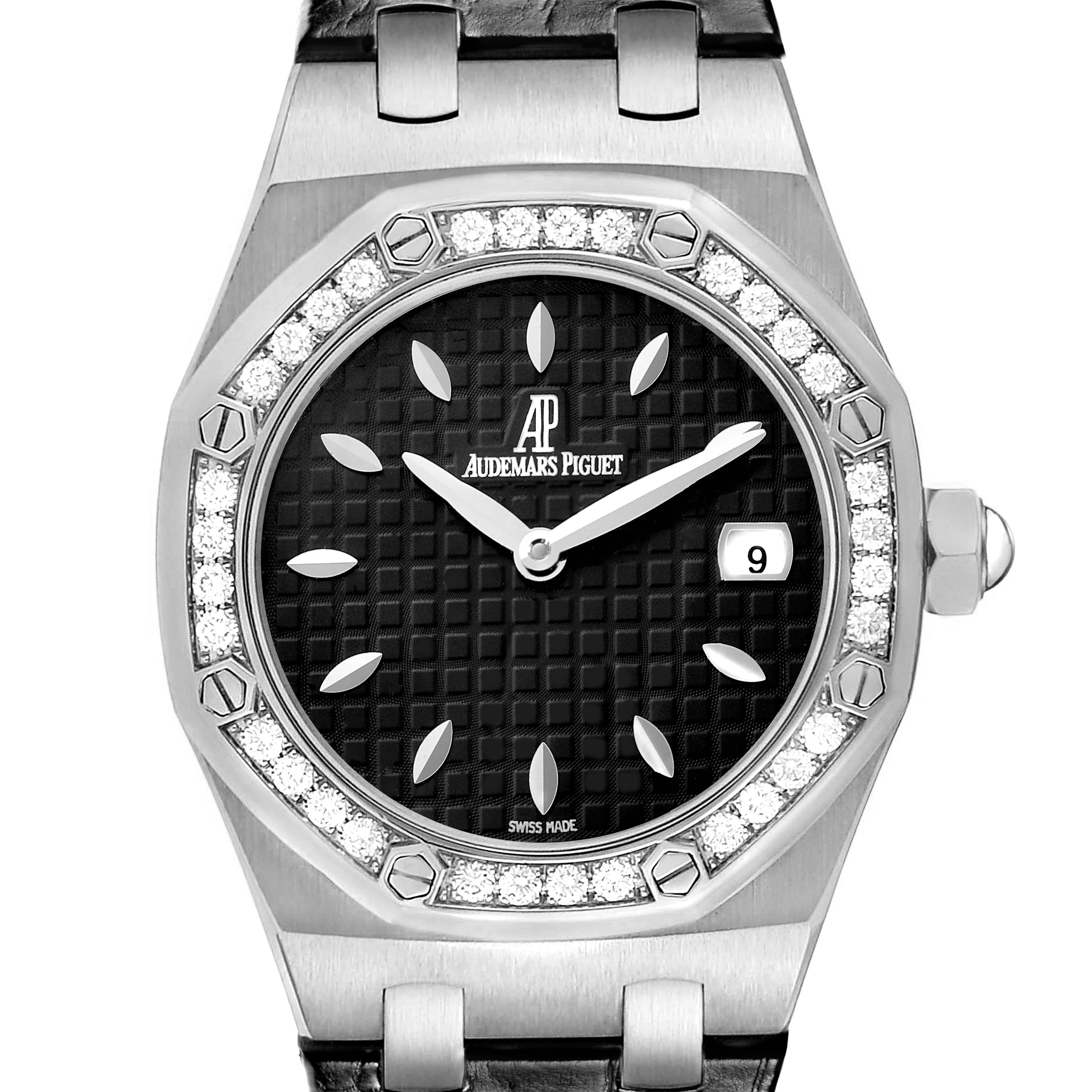 The Audemars Piguet Royal Oak 67601ST.ZZ.D002CR.01 Women's Stainless Steel Black Dial watch is shown from the front, highlighting its bezel, dial, and date window.