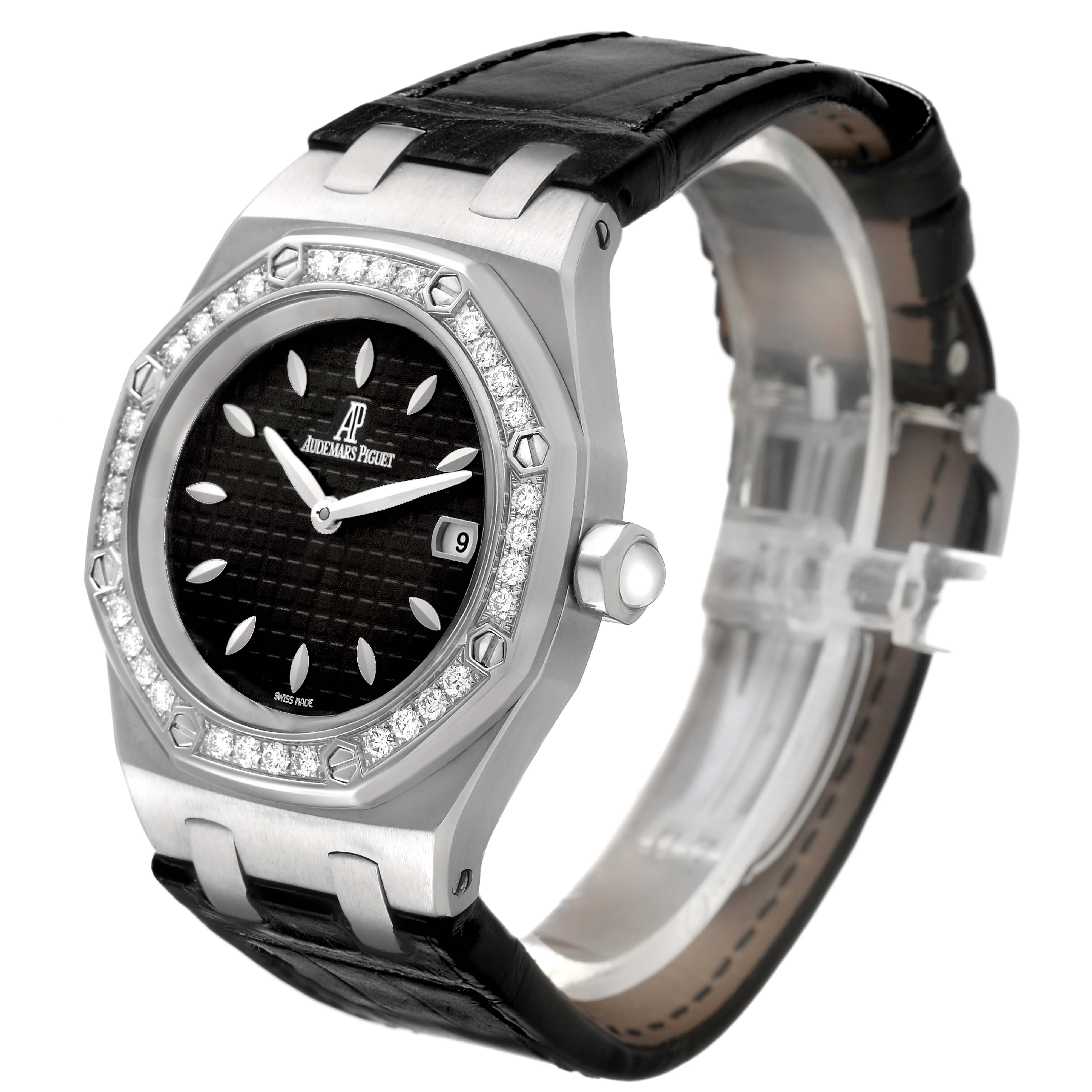 The image shows an angled view of the Audemars Piguet Royal Oak 67601ST.ZZ.D002CR.01 Women's Stainless Steel Black Dial, highlighting the watch face, bezel, and part of the strap.