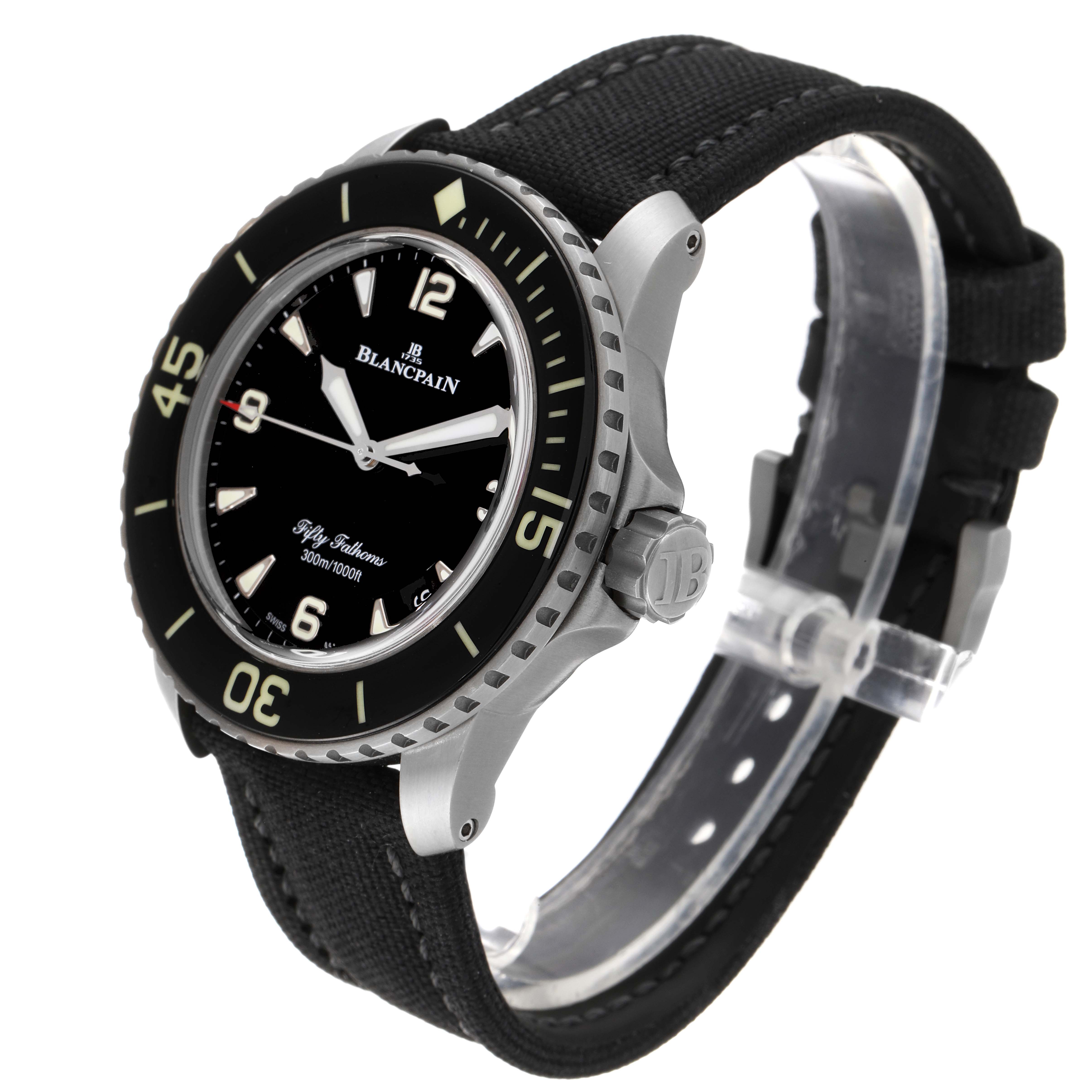 The image shows a Blancpain Fifty Fathoms 5015-1130-52A Men's Titanium Black Dial 5015-1130-52A Men's Titanium Black Dial watch at an angled view, revealing its face, bezel, crown, and strap.
