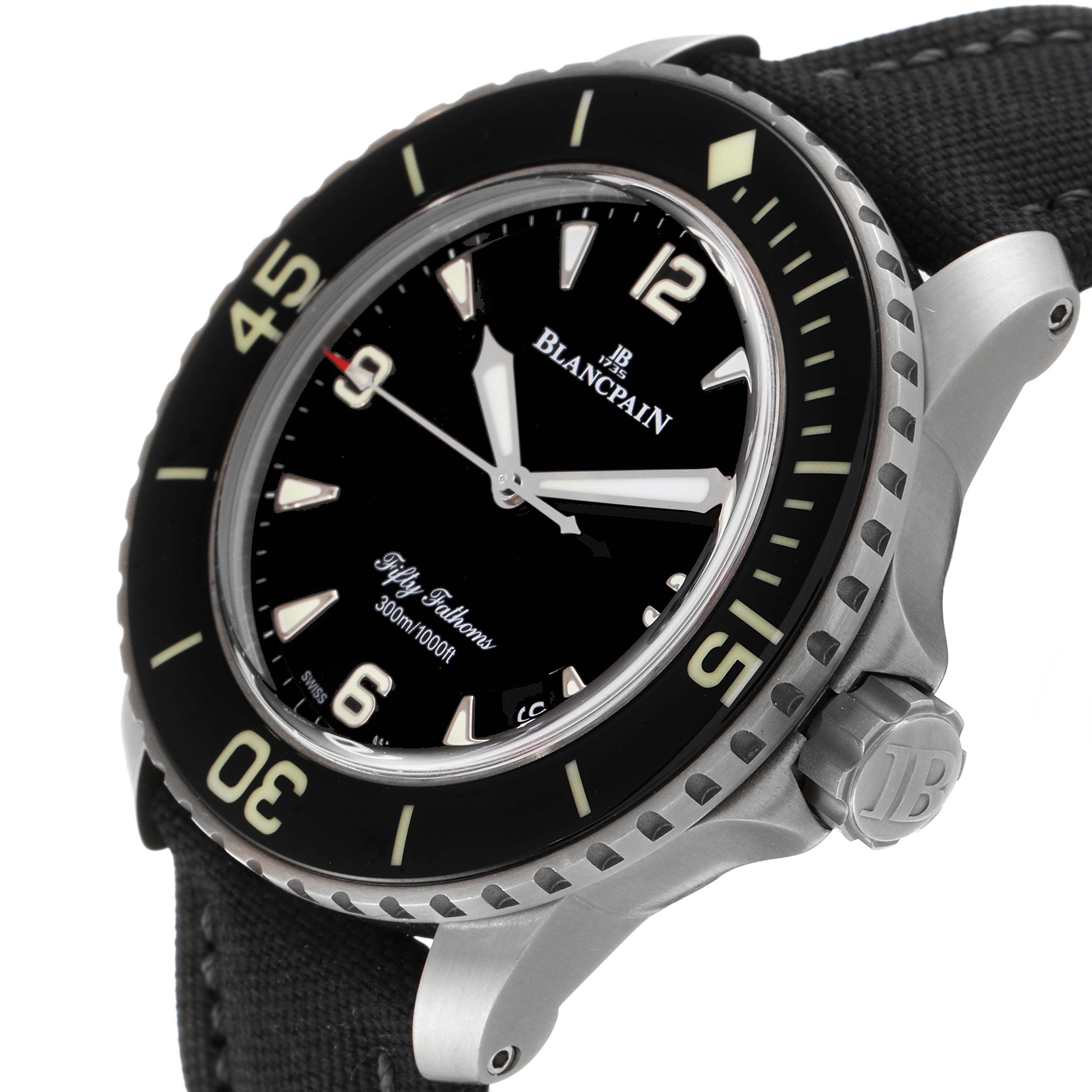 The Blancpain Fifty Fathoms 5015-1130-52A Men's Titanium Black Dial 5015-1130-52A Men's Titanium Black Dial watch is shown at a slight angle, highlighting its dial, bezel, and crown with the logo.