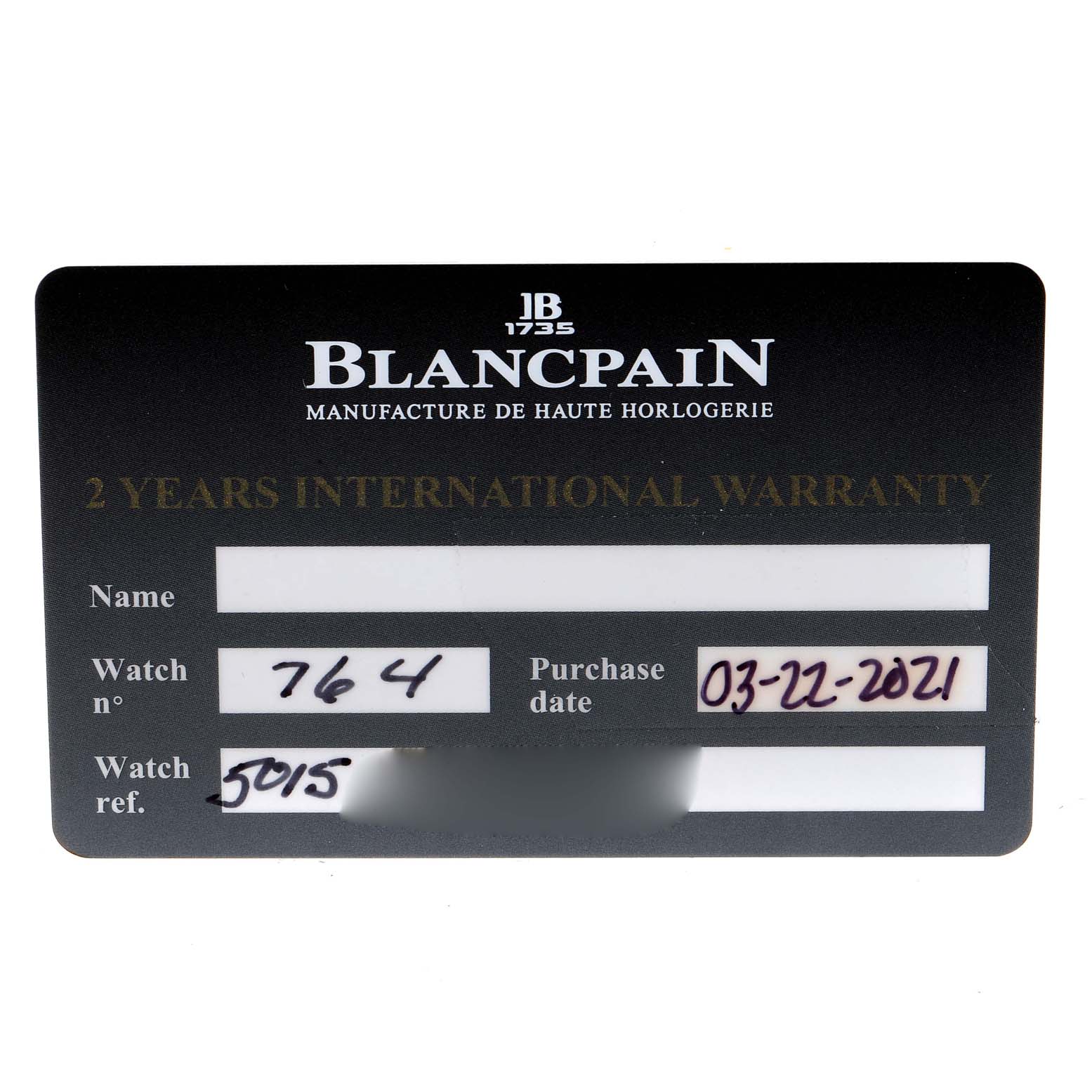 The image shows the warranty card for a Blancpain Fifty Fathoms 5015-1130-52A Men's Titanium Black Dial 5015-1130-52A Men's Titanium Black Dial watch, displaying watch number, purchase date, and reference number.