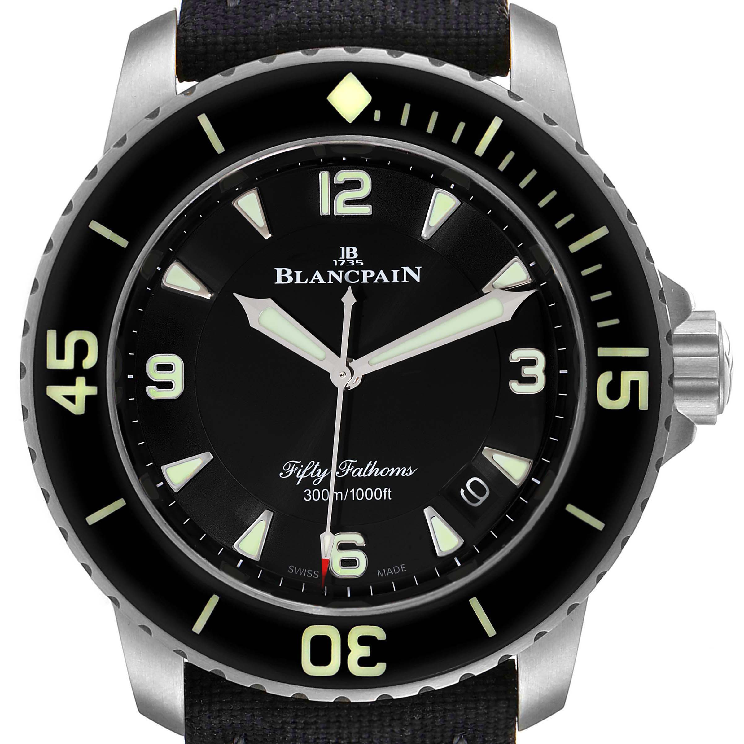 The image shows a frontal view of the Blancpain Fifty Fathoms 5015-1130-52A Men's Titanium Black Dial 5015-1130-52A Men's Titanium Black Dial watch, highlighting the dial, bezel, and crown.