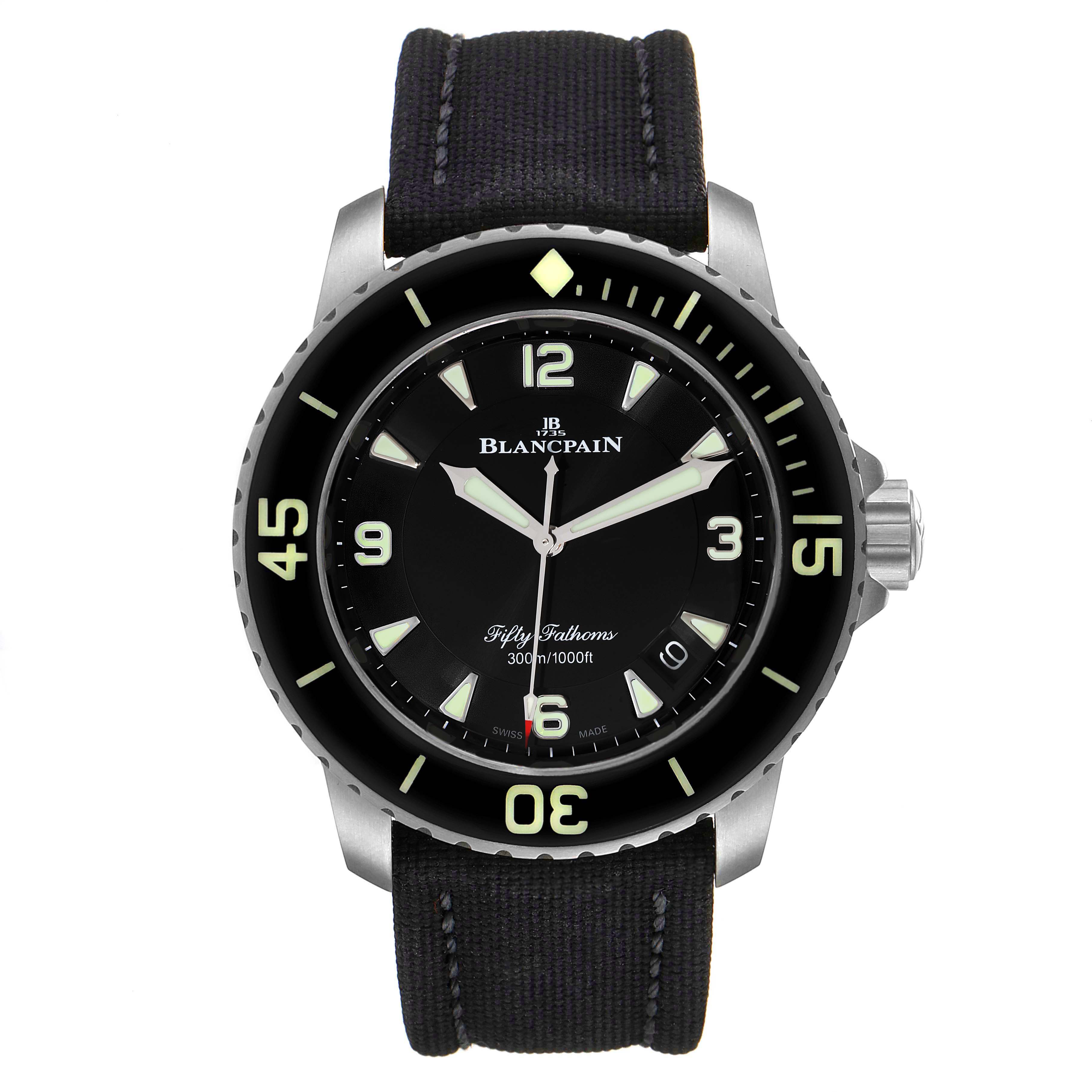 The image shows a front view of a Blancpain Fifty Fathoms 5015-1130-52A Men's Titanium Black Dial 5015-1130-52A Men's Titanium Black Dial watch, highlighting its dial, bezel, and strap.