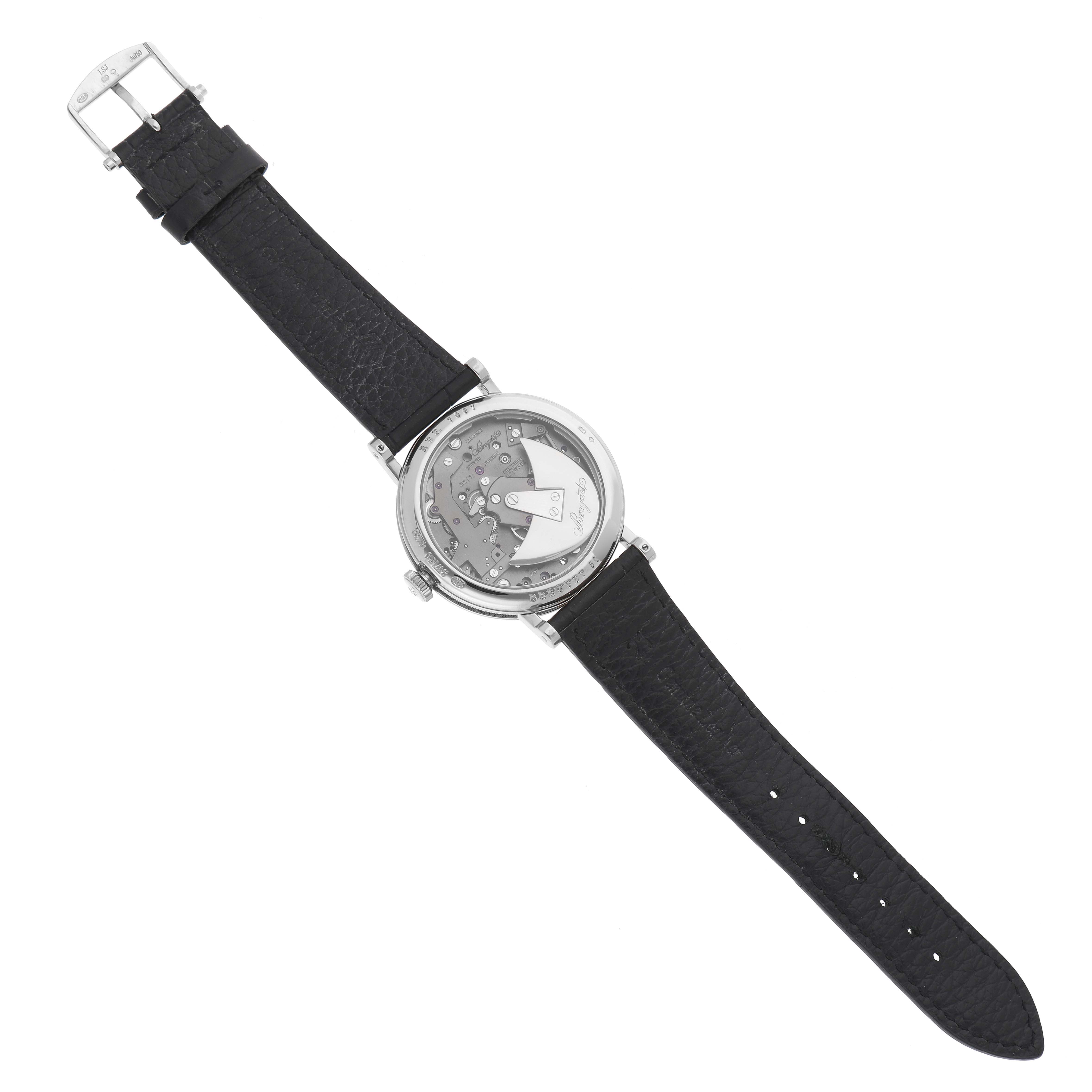 The Breguet Tradition 7097 Men's White Gold Silver Dial watch is shown from the back with its black leather strap and visible movement.