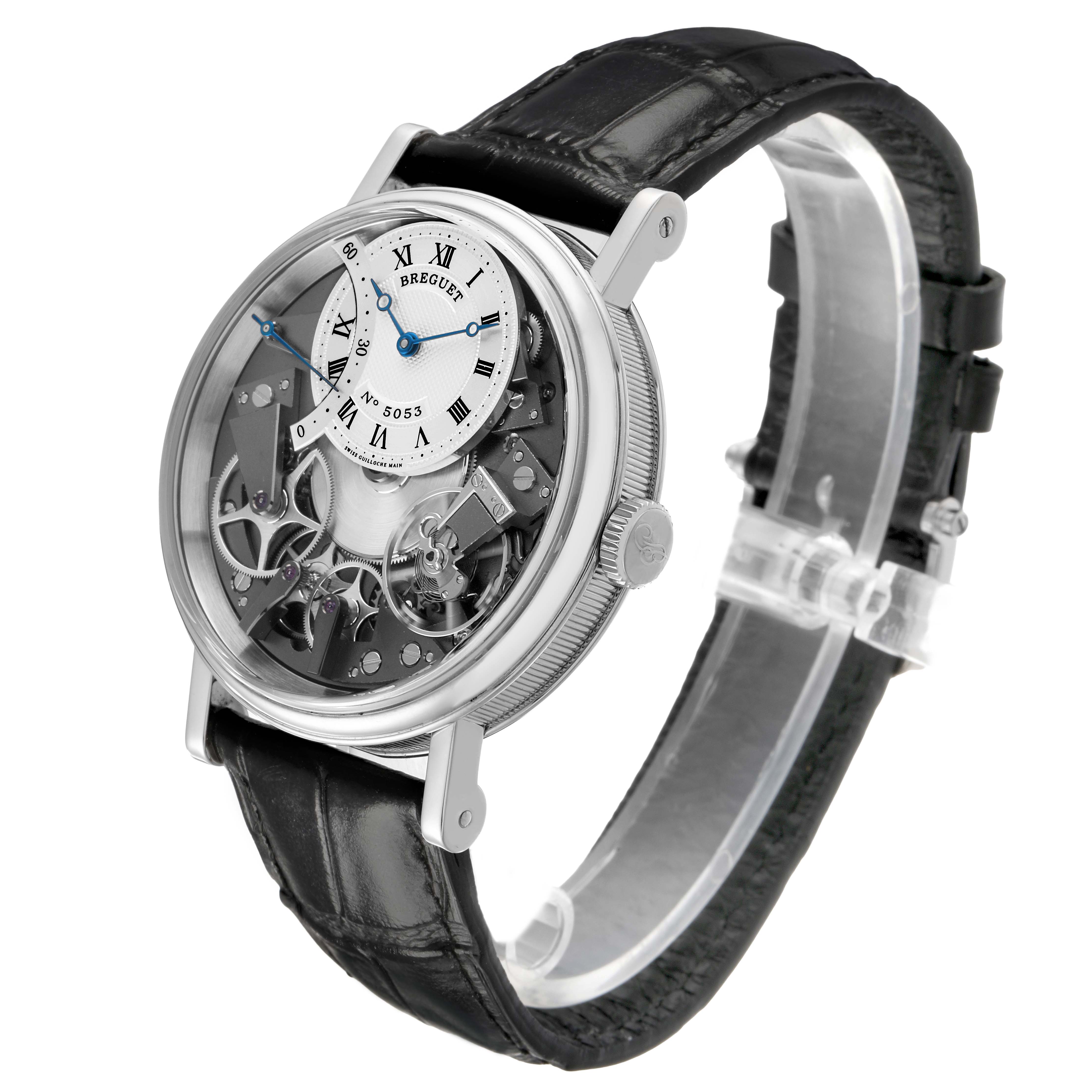 The Breguet Tradition 7097 Men's White Gold Silver Dial model is shown at a three-quarter angle, highlighting the open dial design and black leather strap.