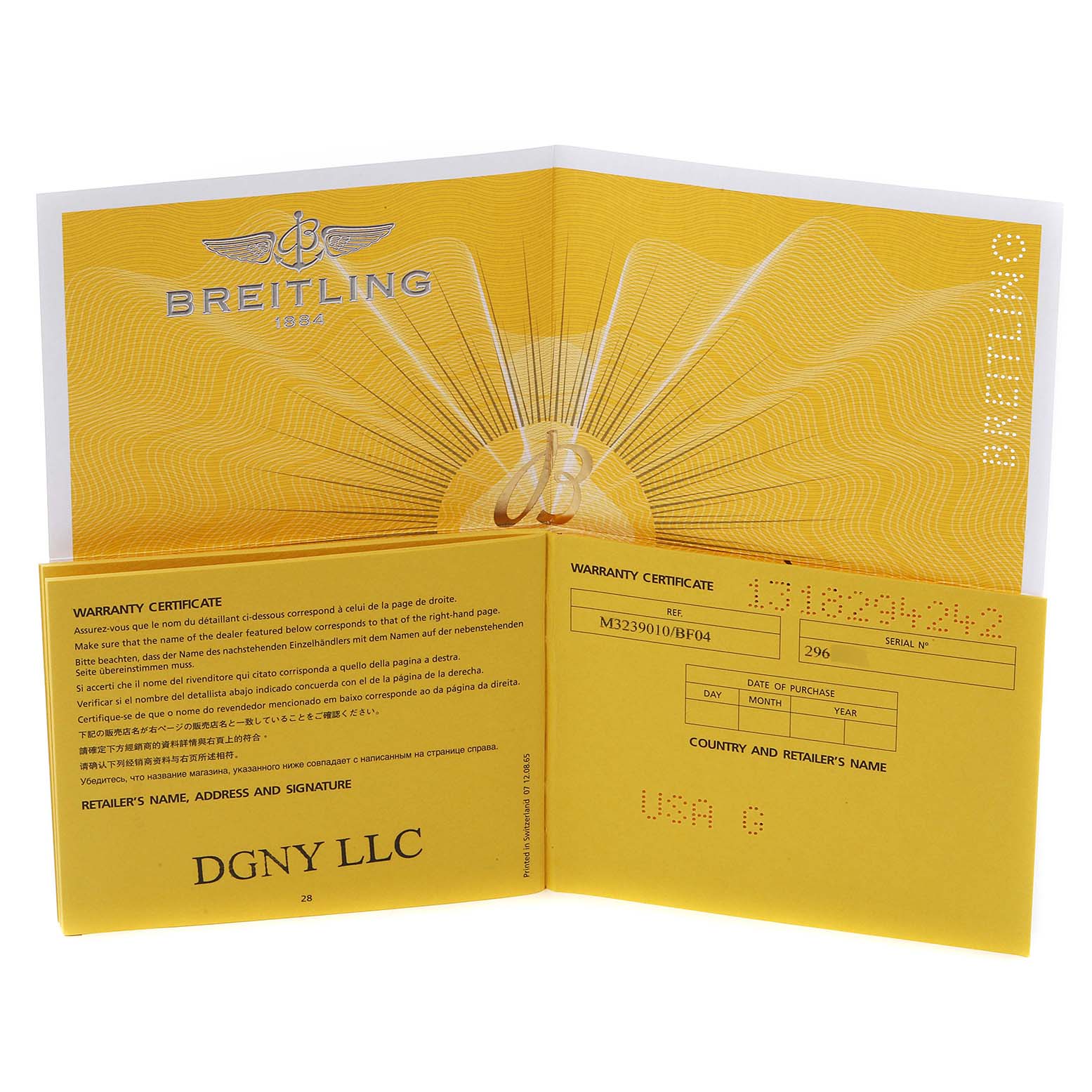 This image shows the open warranty certificate and booklet for the Breitling Avenger M3239010-BF04-153S Men's Stainless Steel Black Dial M3239010-BF04-153S Men's Stainless Steel Black Dial model.