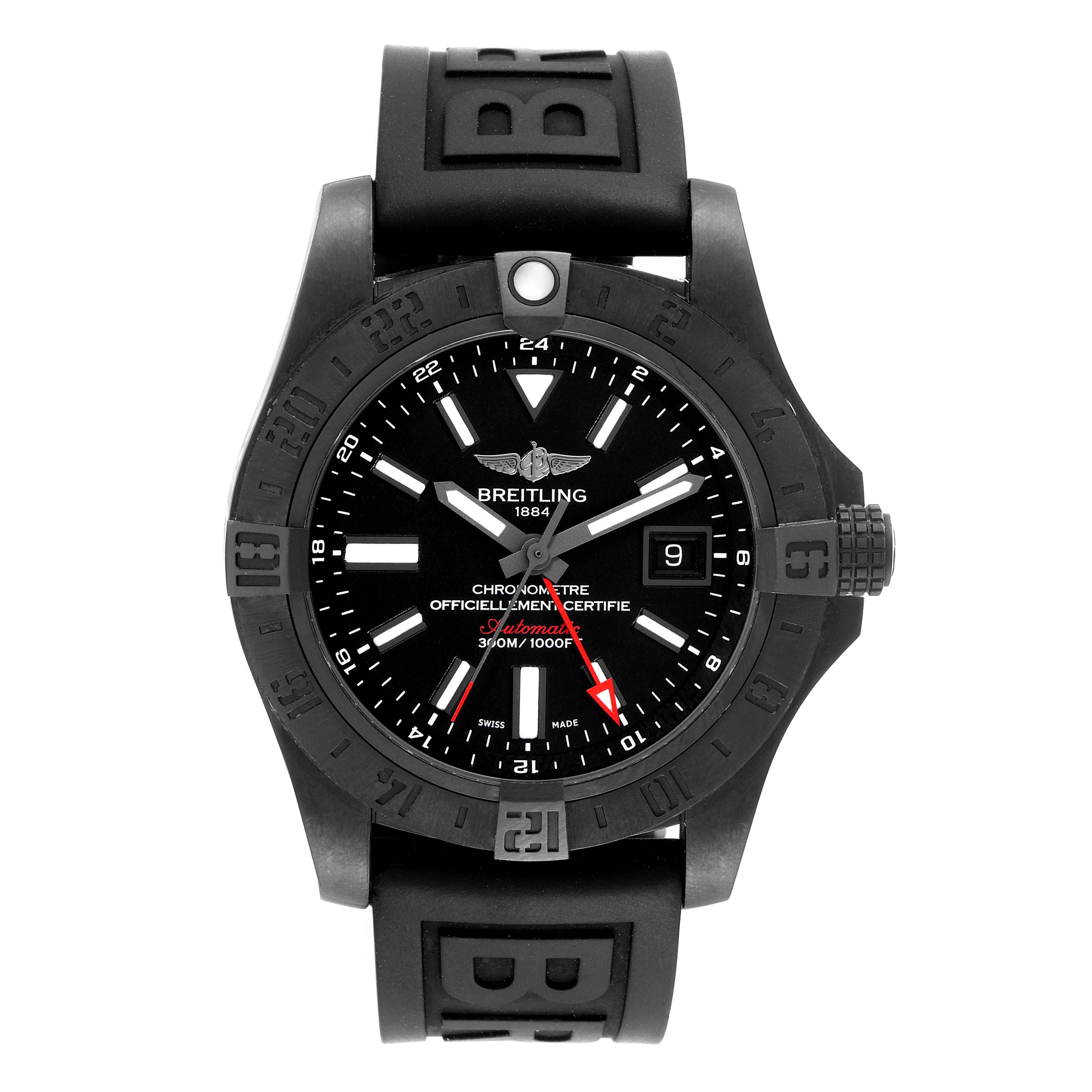 The image shows a front view of the Breitling Avenger M3239010-BF04-153S Men's Stainless Steel Black Dial M3239010-BF04-153S Men's Stainless Steel Black Dial model watch, highlighting its dial, bezel, and strap.