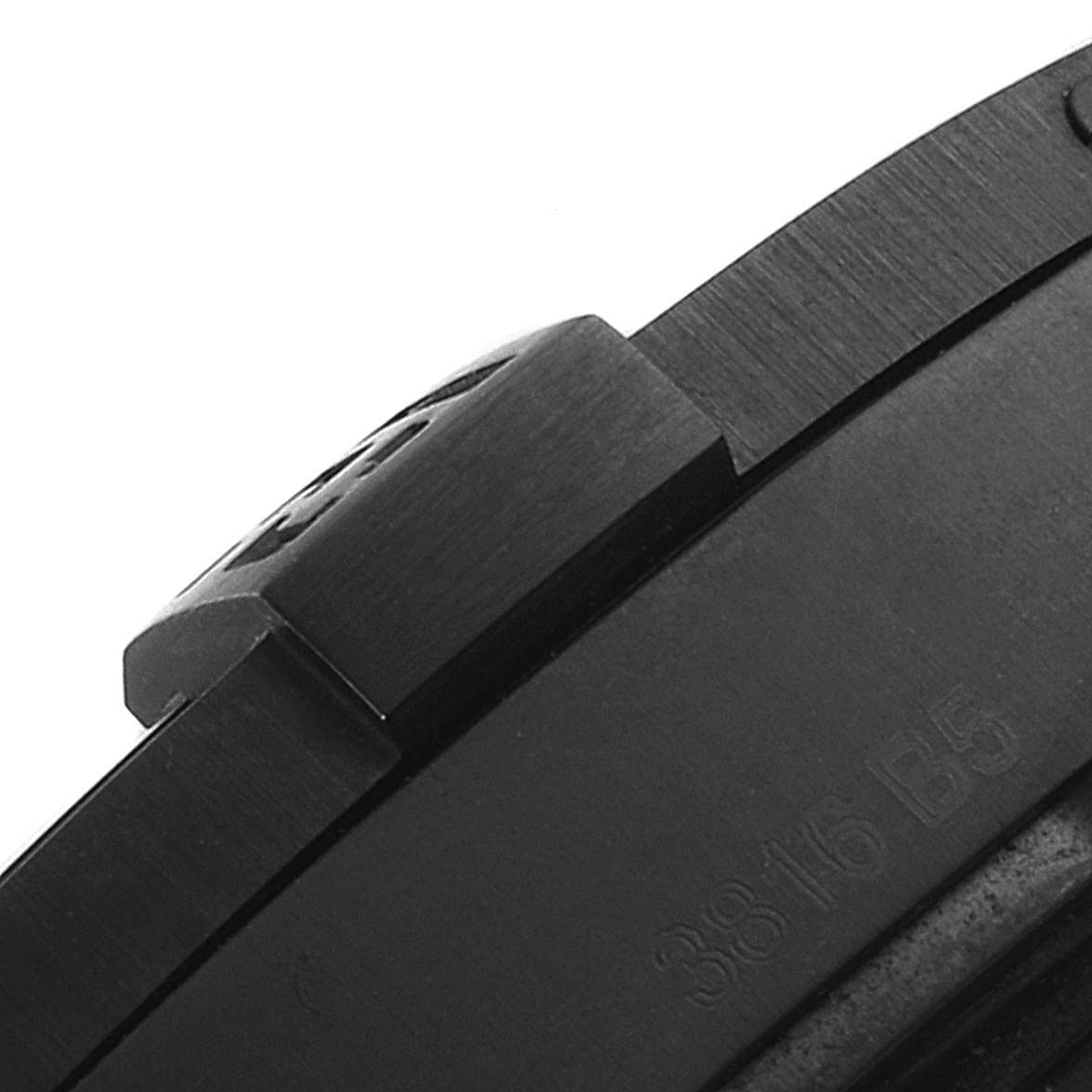 The image shows a close-up angle of a Breitling Avenger M3239010-BF04-153S Men's Stainless Steel Black Dial M3239010-BF04-153S Men's Stainless Steel Black Dial's case and crown.