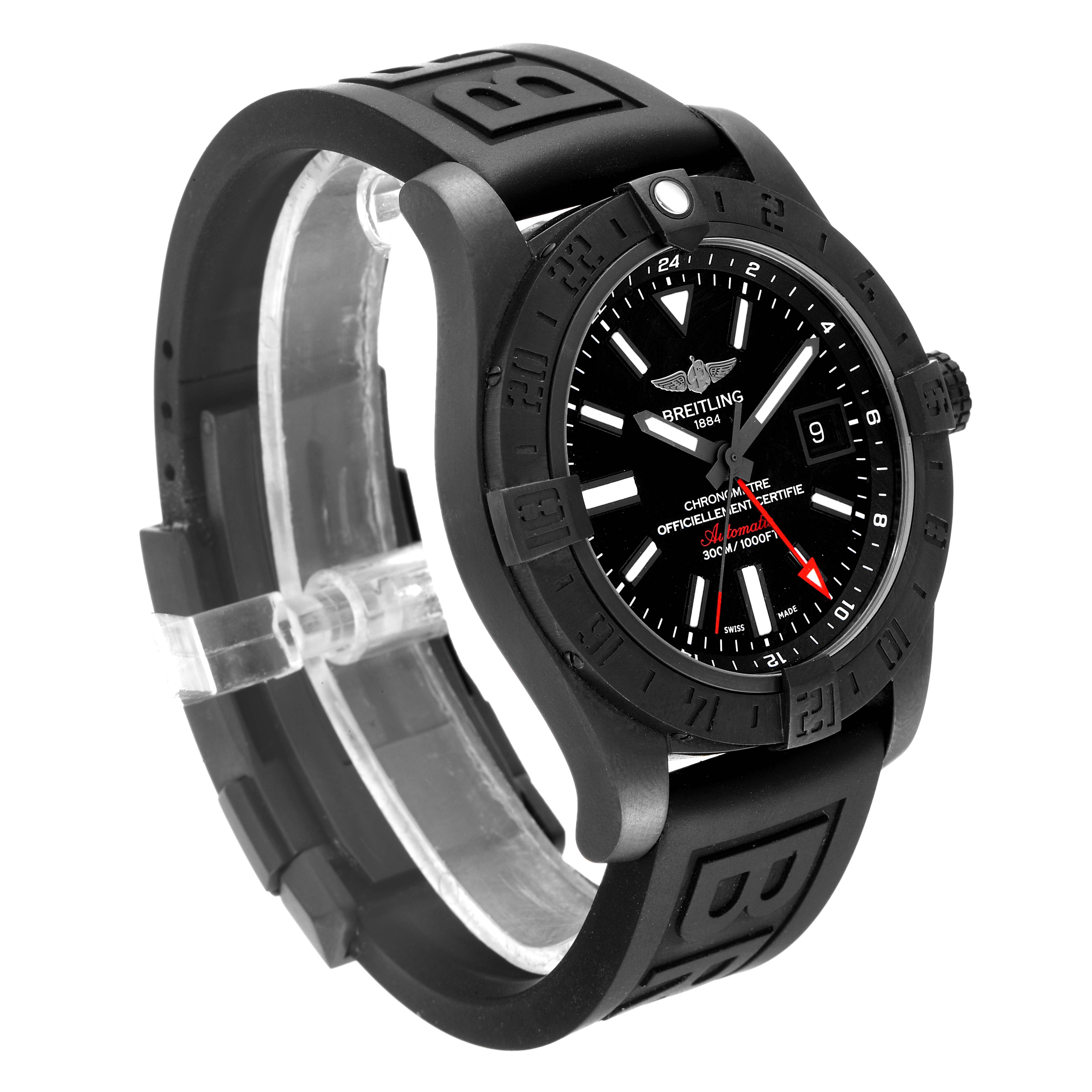 The image shows a Breitling Avenger M3239010-BF04-153S Men's Stainless Steel Black Dial M3239010-BF04-153S Men's Stainless Steel Black Dial watch at a three-quarter angle, highlighting the face, bezel, and rubber strap.