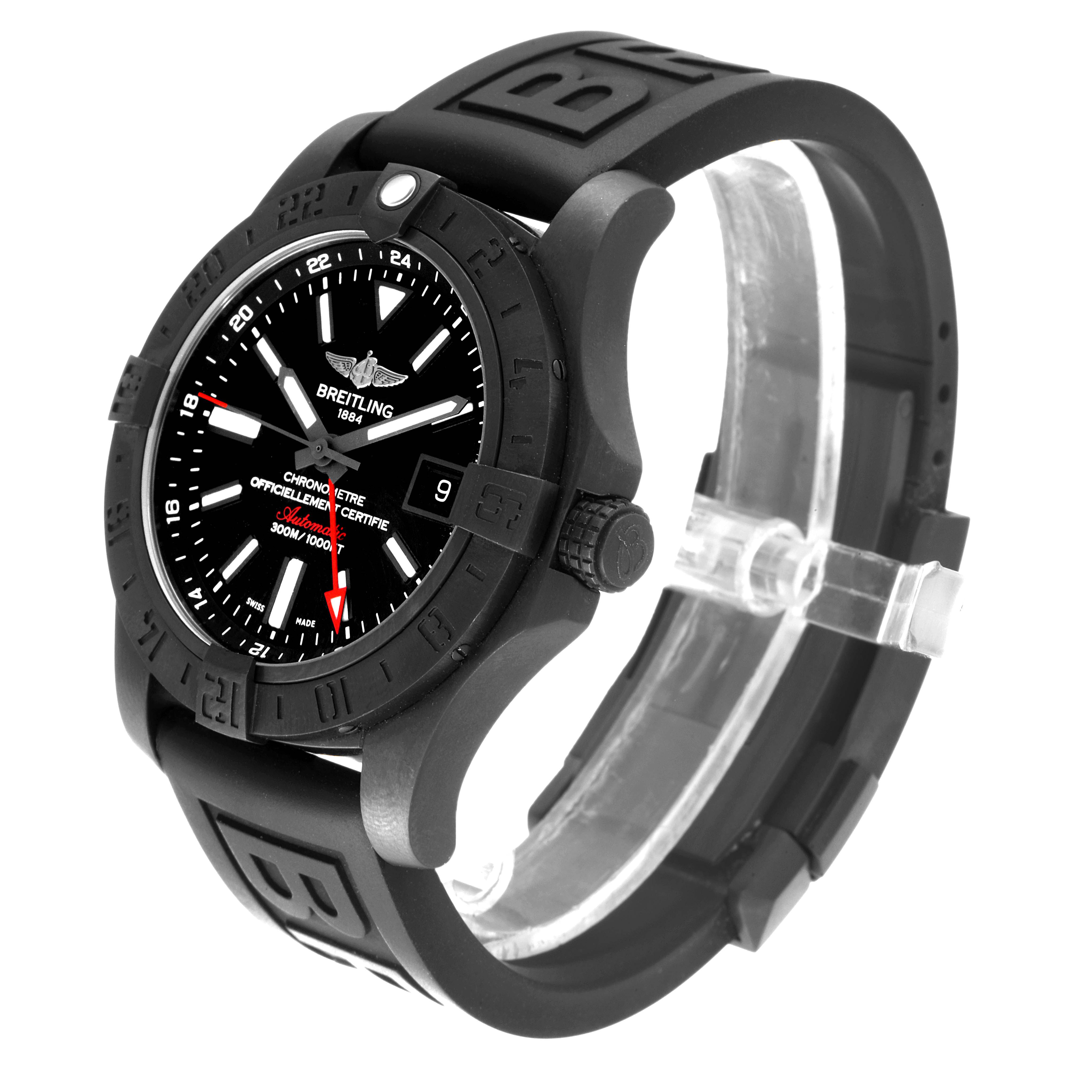 The Breitling Avenger M3239010-BF04-153S Men's Stainless Steel Black Dial M3239010-BF04-153S Men's Stainless Steel Black Dial watch is shown at a slight angle, highlighting its black bezel, dial, and rubber strap.