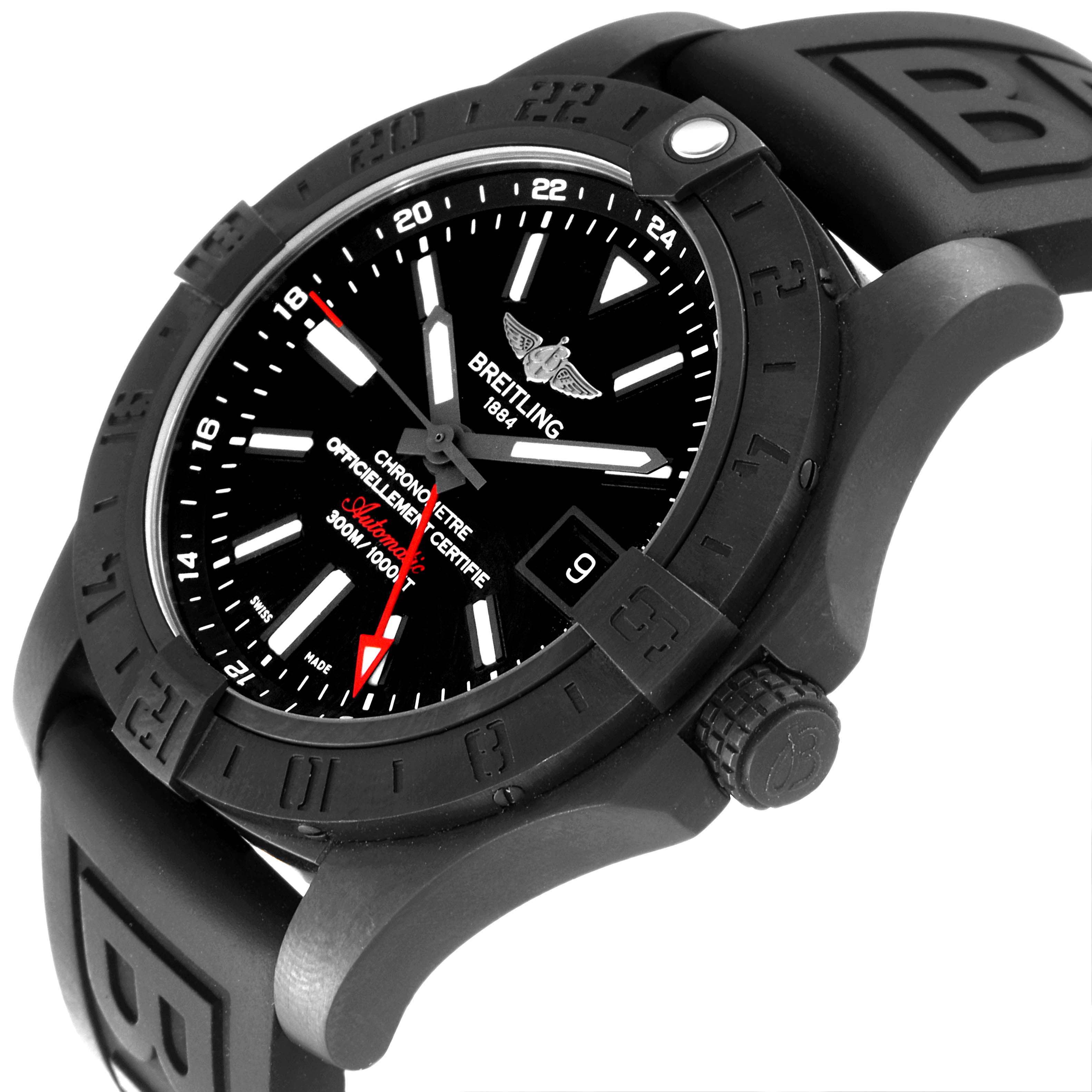 This Breitling Avenger M3239010-BF04-153S Men's Stainless Steel Black Dial M3239010-BF04-153S Men's Stainless Steel Black Dial watch image shows a black dial, bezel, crown, and rubber strap from a three-quarter angle.