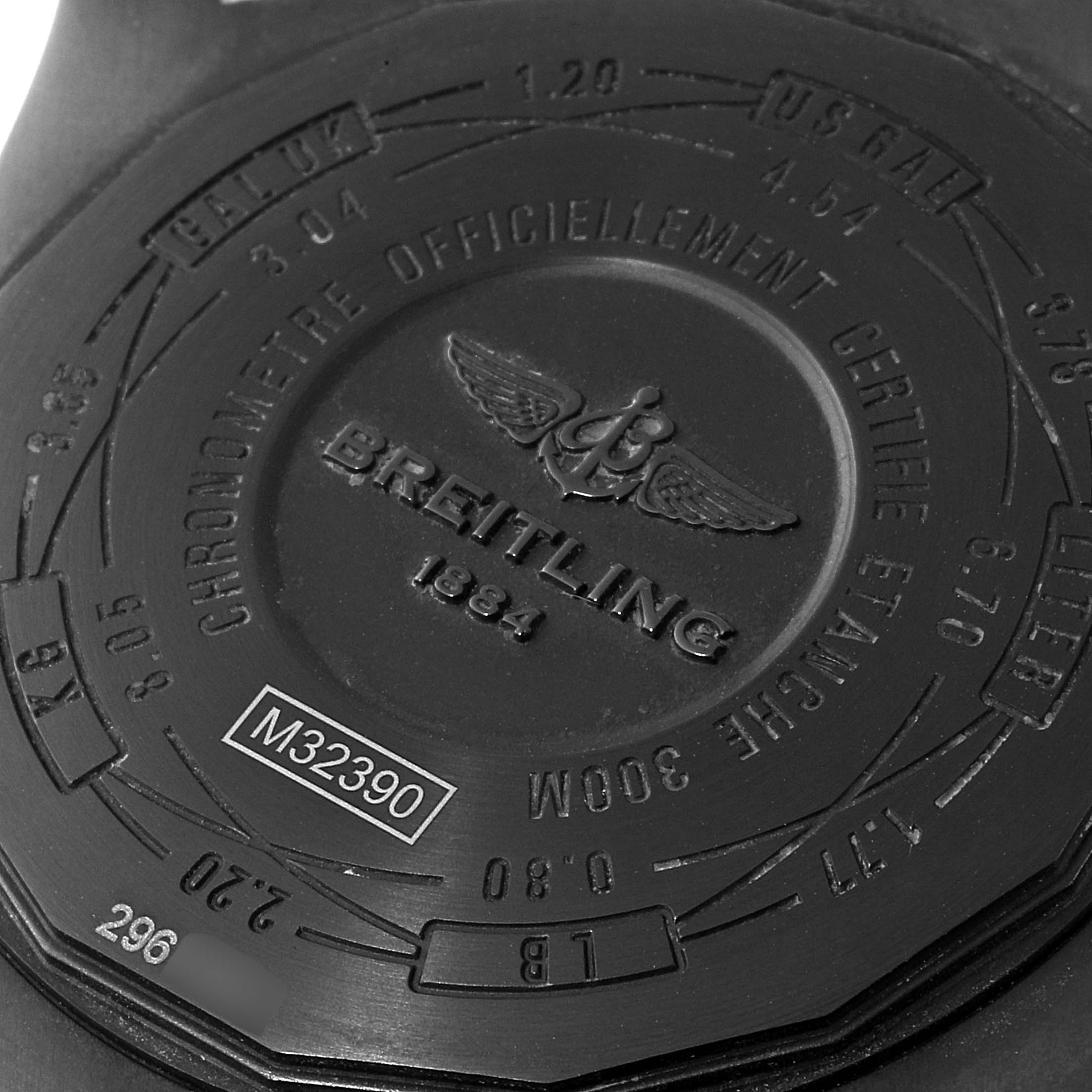 The image shows the case back of the Breitling Avenger M3239010-BF04-153S Men's Stainless Steel Black Dial M3239010-BF04-153S Men's Stainless Steel Black Dial watch, featuring engraved details and the model number M32390.