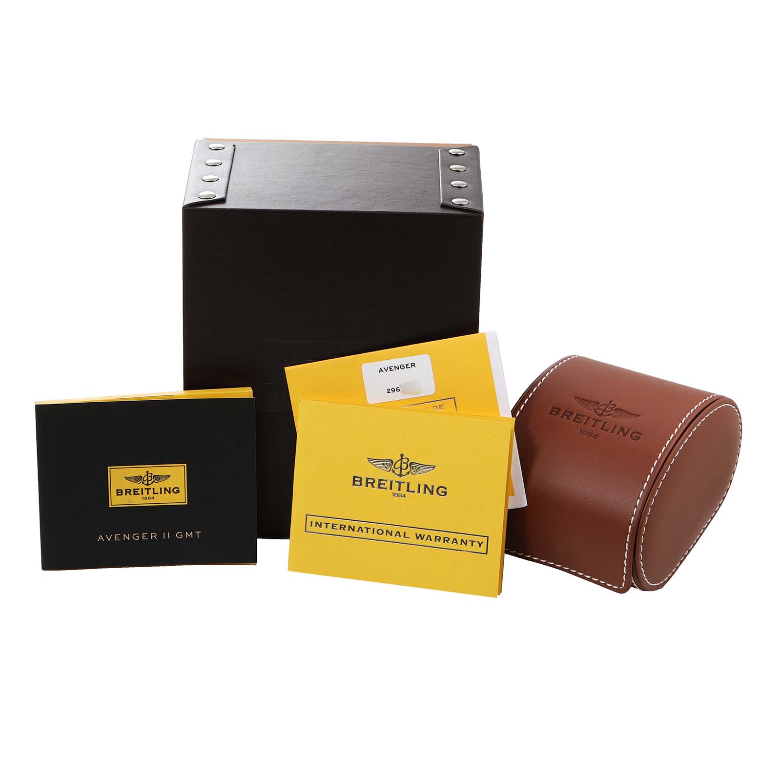 The image shows the Breitling Avenger M3239010-BF04-153S Men's Stainless Steel Black Dial M3239010-BF04-153S Men's Stainless Steel Black Dial II GMT watch's box, international warranty, manuals, and a leather travel case.