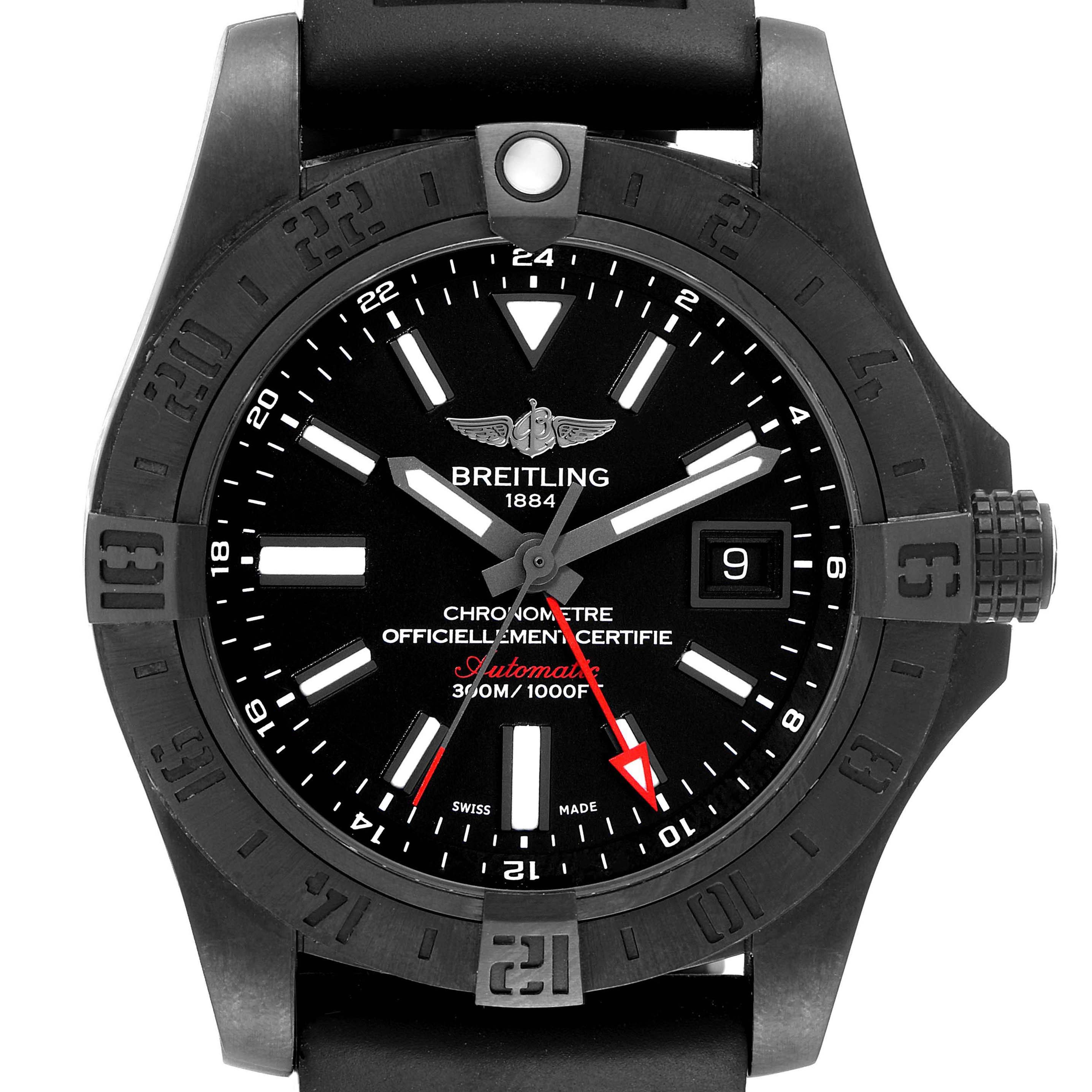 The image shows a front view of the Breitling Avenger M3239010-BF04-153S Men's Stainless Steel Black Dial M3239010-BF04-153S Men's Stainless Steel Black Dial watch, highlighting the bezel, dial, hands, and date window.