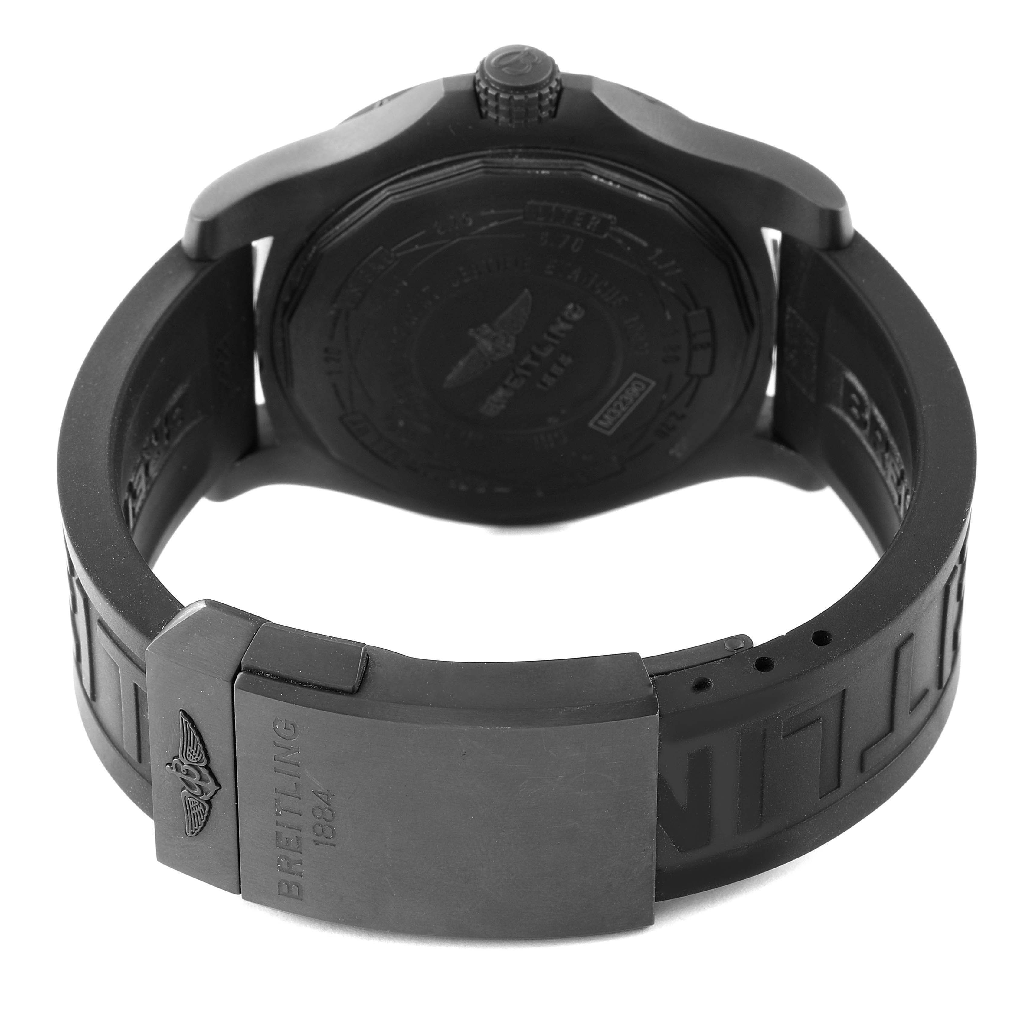 The image shows the back of the Breitling Avenger M3239010-BF04-153S Men's Stainless Steel Black Dial M3239010-BF04-153S Men's Stainless Steel Black Dial watch, highlighting the clasp, strap, and markings on the case back.