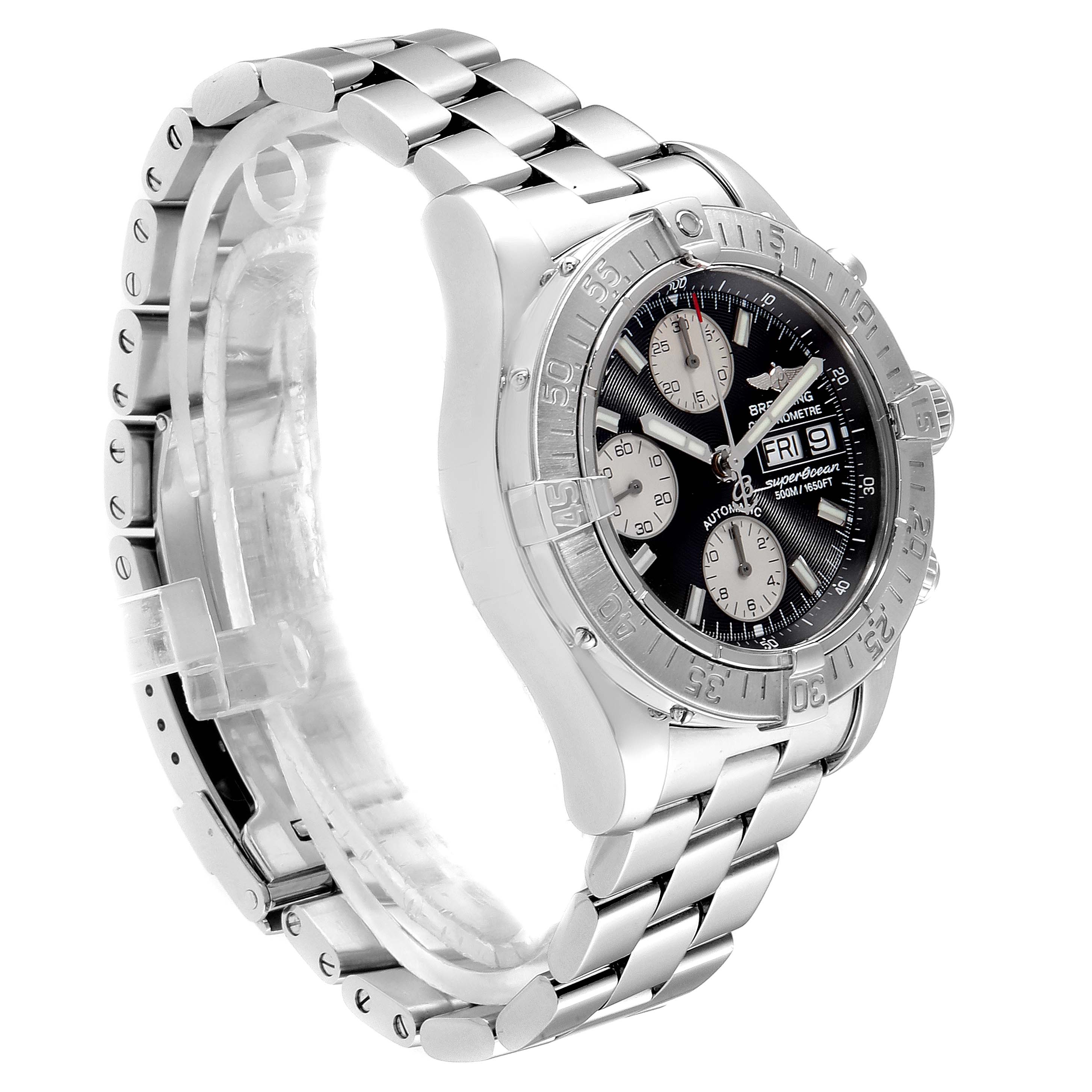 The image shows a side and face angle of the Breitling A13340 Men's Stainless Steel Black Dial A13340 Men's Stainless Steel Black Dial Aeromarine Superocean Chronograph Watch A13340, highlighting the case, bezel, and metal bracelet.