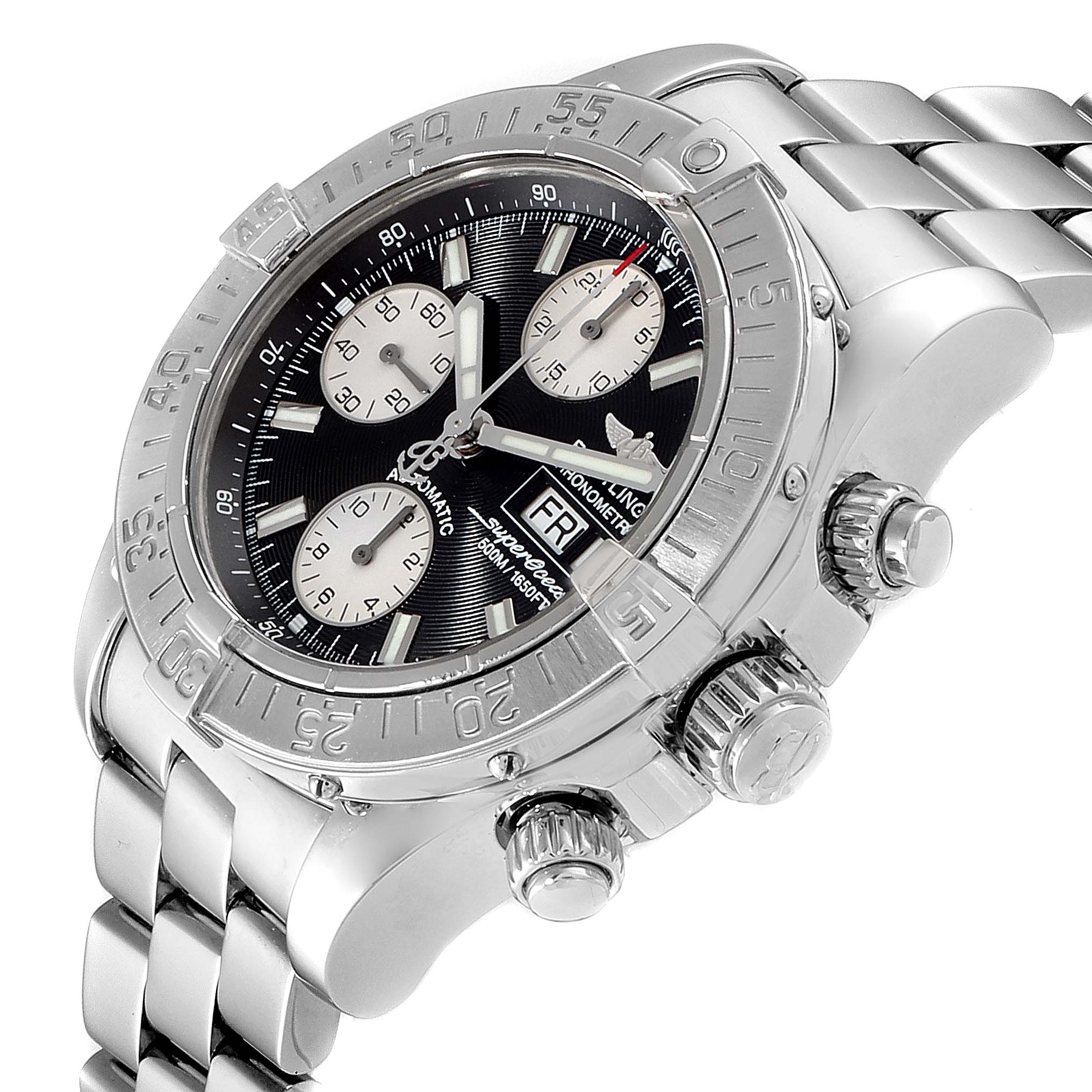 The Breitling A13340 Men's Stainless Steel Black Dial A13340 Men's Stainless Steel Black Dial Aeromarine Superocean Chronograph Watch A13340 is shown at an angle displaying the bezel, dial, sub-dials, and bracelet.