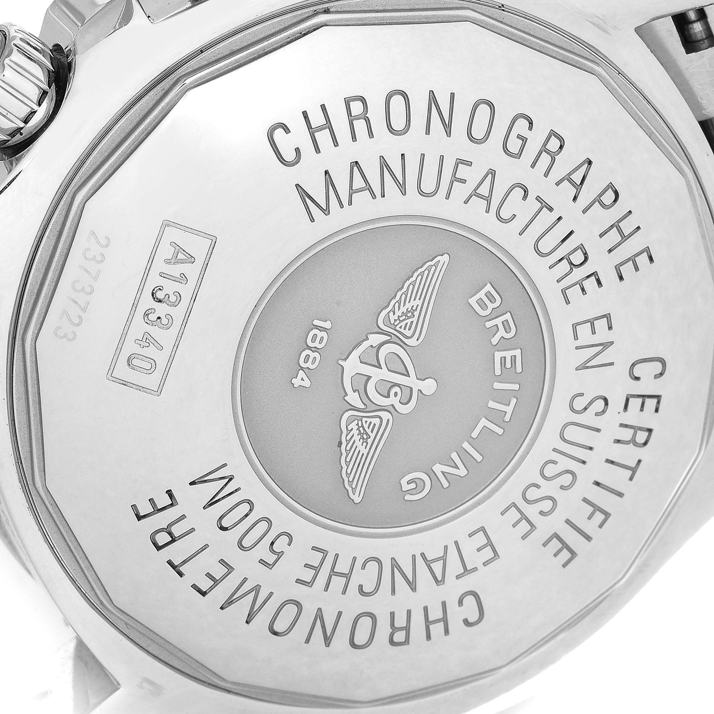 This image shows the back case of the Breitling A13340 Men's Stainless Steel Black Dial A13340 Men's Stainless Steel Black Dial Aeromarine Superocean Chronograph Watch A13340.