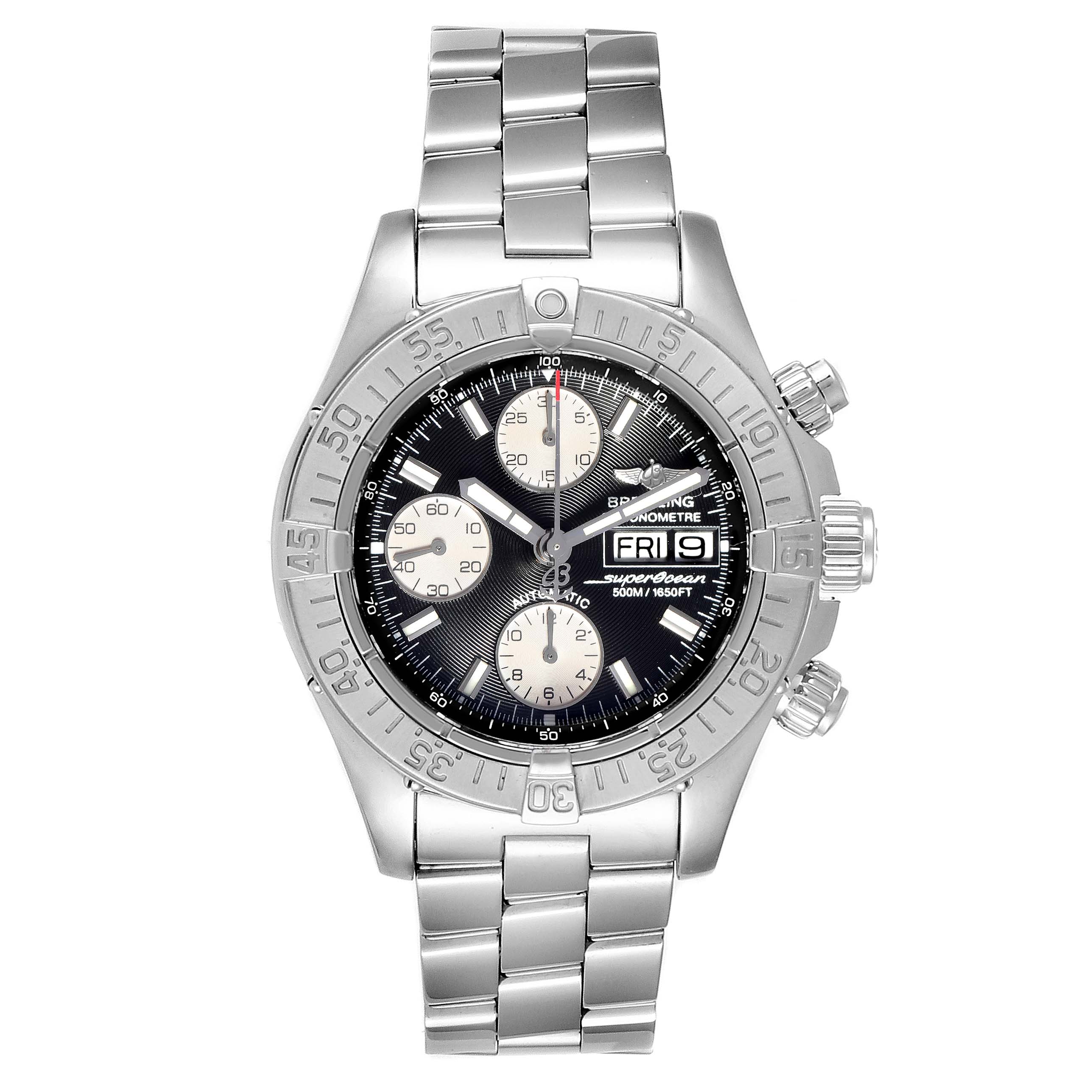 The Breitling A13340 Men's Stainless Steel Black Dial A13340 Men's Stainless Steel Black Dial Aeromarine Superocean Chronograph Watch A13340 is shown from a top-down angle, displaying its face, bezel, and bracelet.