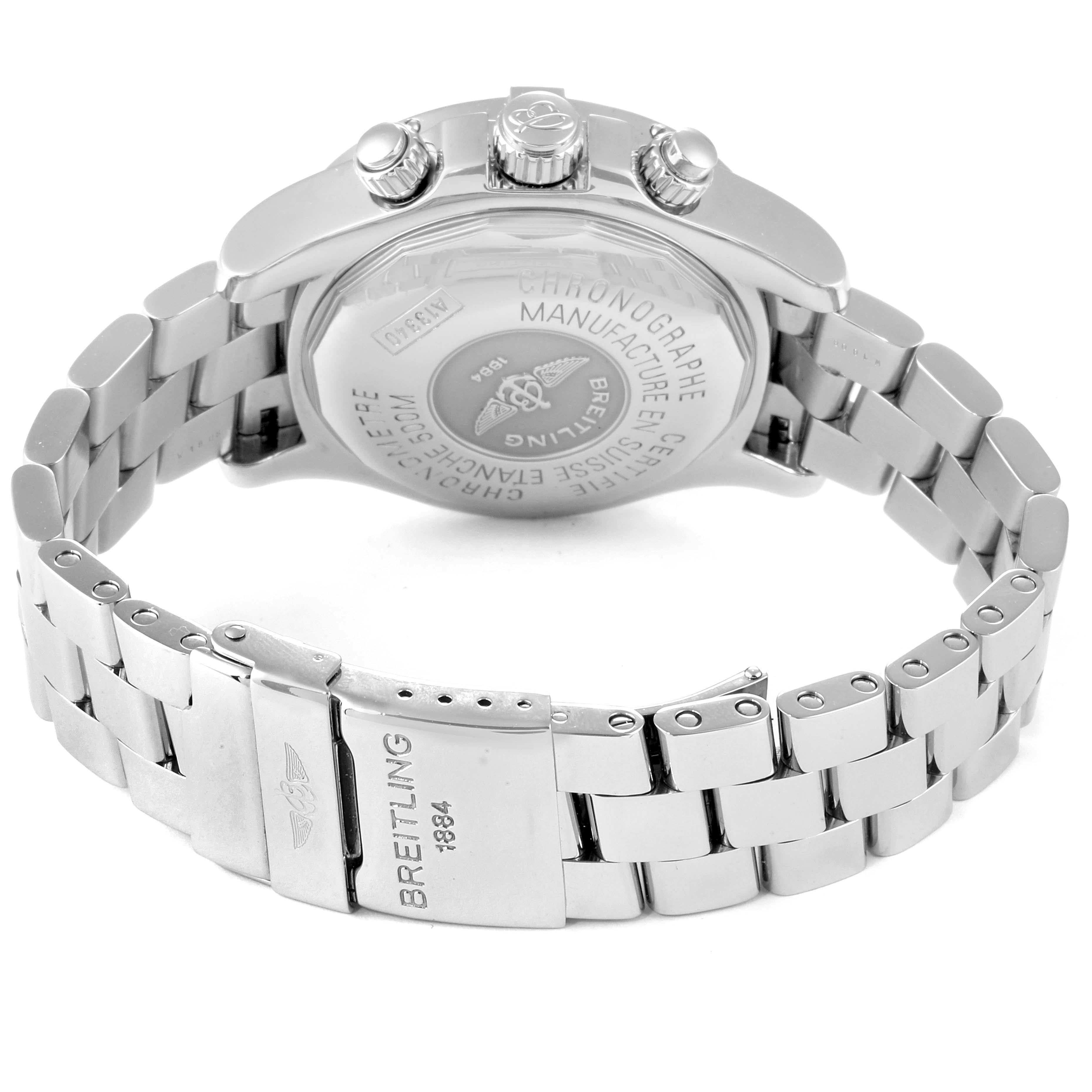 This image shows the rear and side angle of the Breitling A13340 Men's Stainless Steel Black Dial A13340 Men's Stainless Steel Black Dial Aeromarine Superocean Chronograph A13340 watch, highlighting the case back and bracelet.