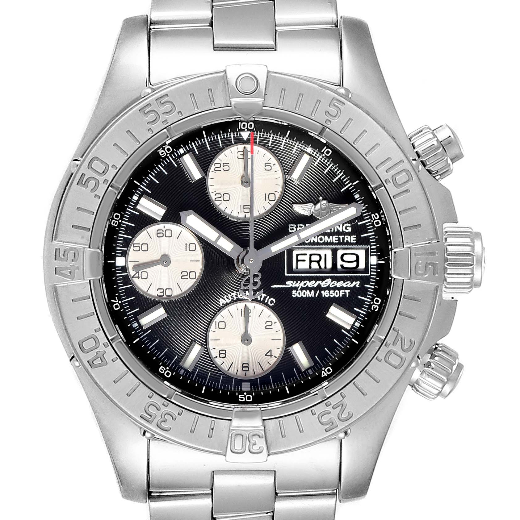 The image shows a front view of the Breitling A13340 Men's Stainless Steel Black Dial A13340 Men's Stainless Steel Black Dial Aeromarine Superocean Chronograph Watch A13340, displaying its face and stainless steel bracelet.