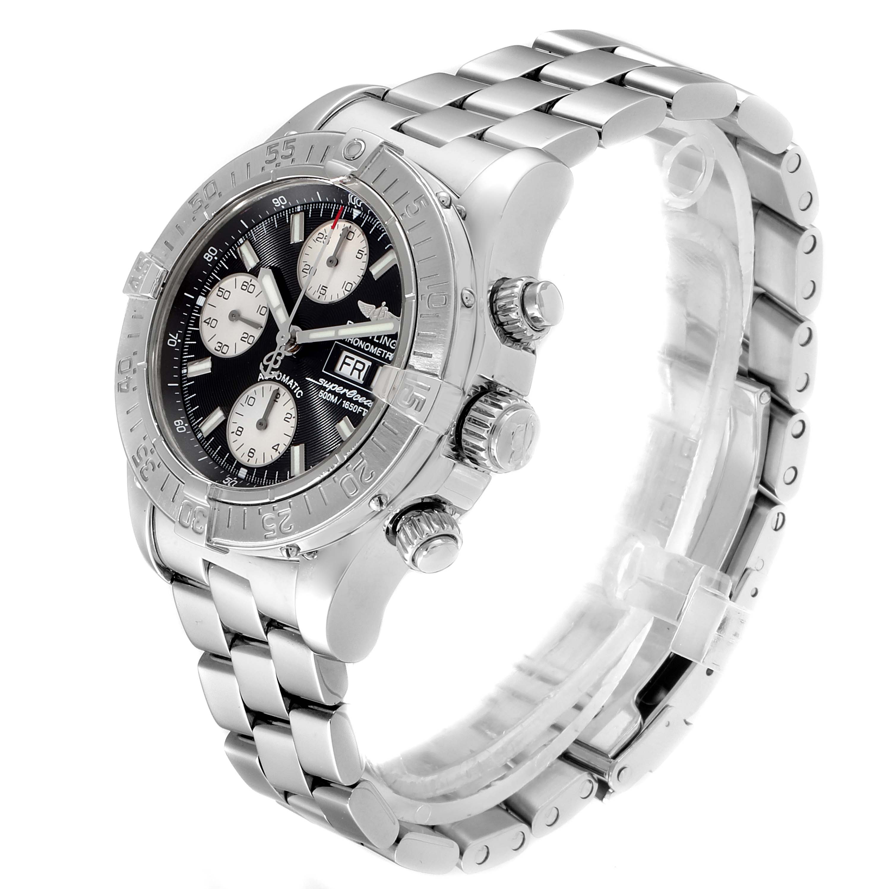 The image shows a side angle of a Breitling A13340 Men's Stainless Steel Black Dial A13340 Men's Stainless Steel Black Dial Aeromarine Superocean Chronograph Watch A13340, highlighting its stainless steel band and chronograph dials.