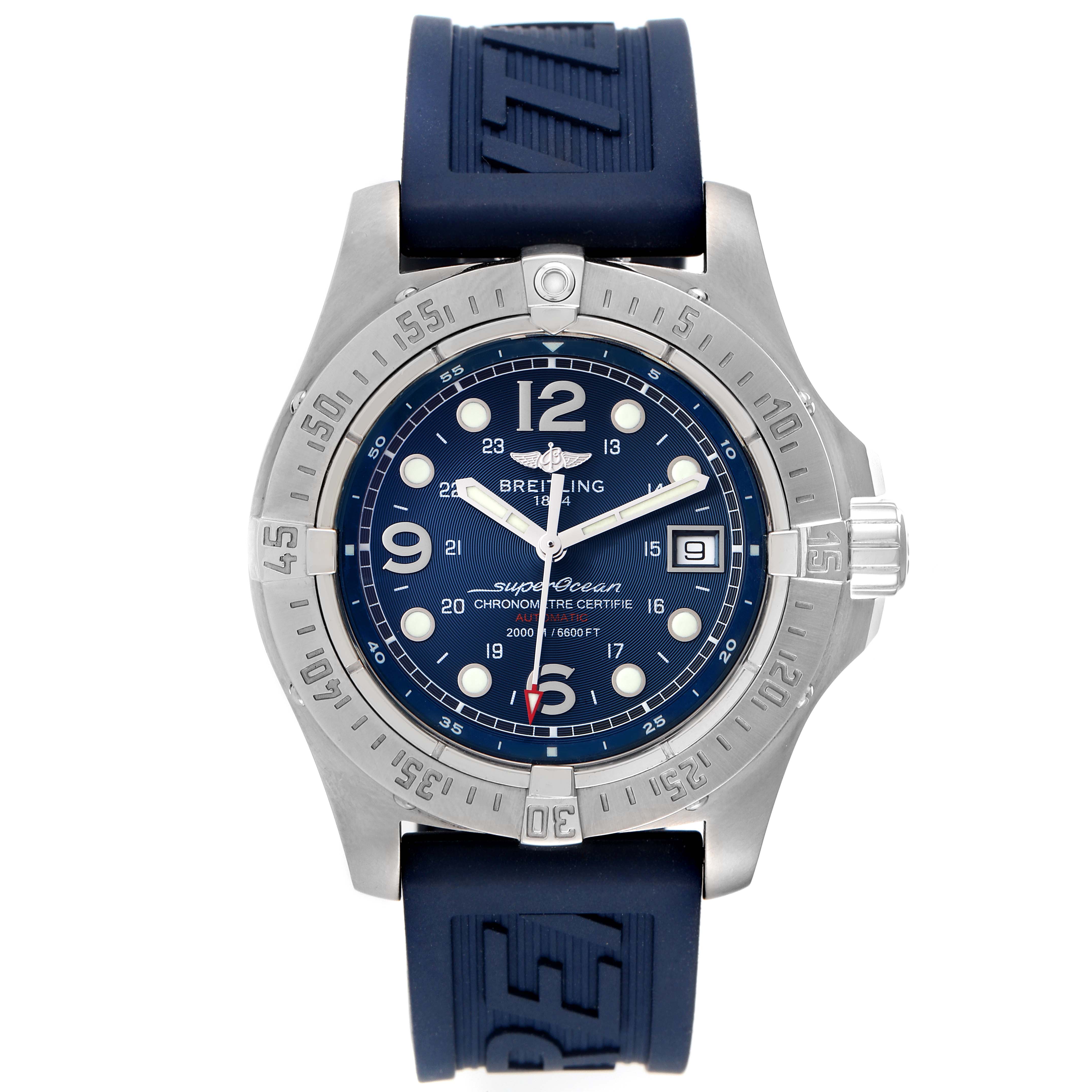 The image shows a front view of the Breitling Superocean A17390 Men's Stainless Steel Blue Dial A17390 Men's Stainless Steel Blue Dial watch, featuring its dial, bezel, hands, and blue strap.