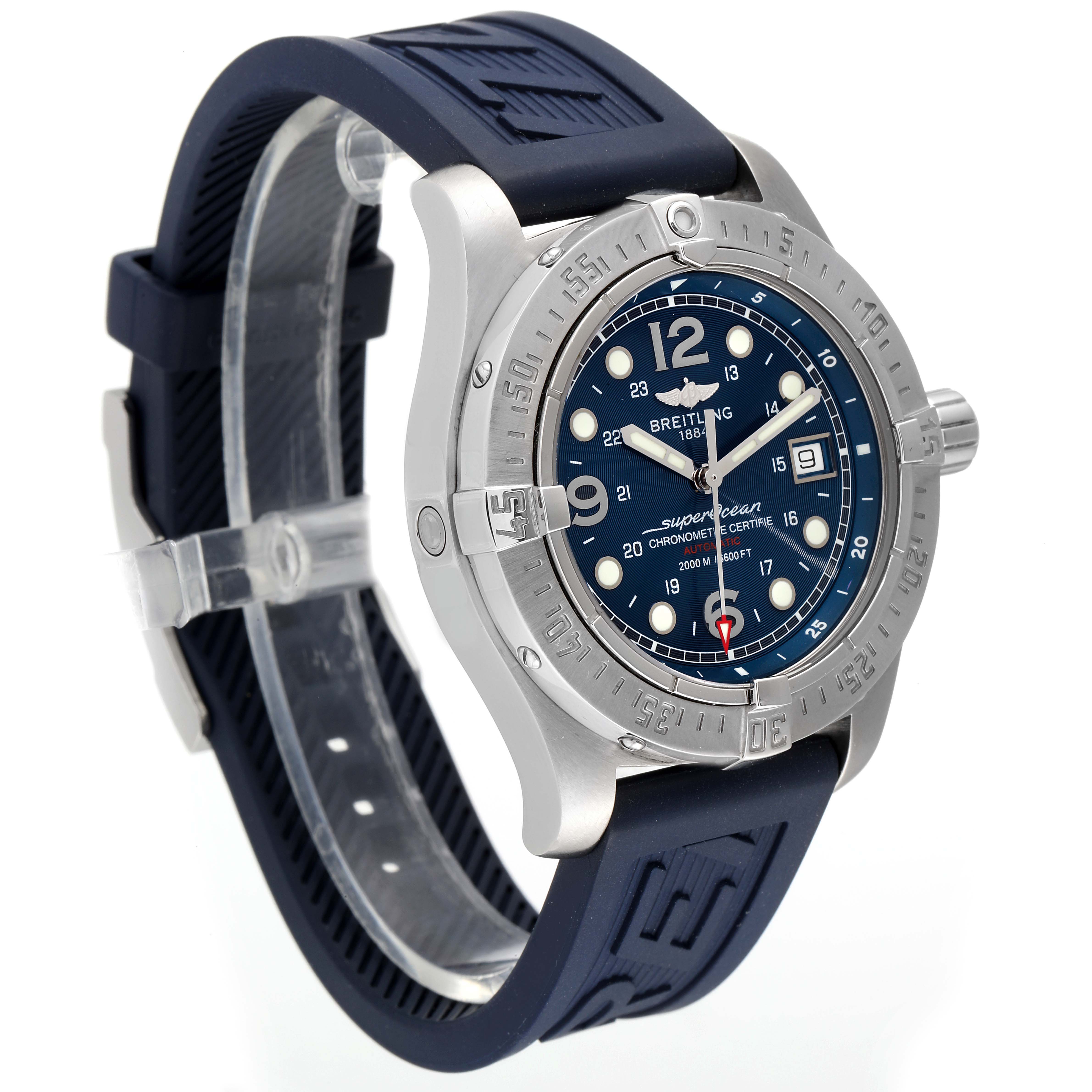 The image shows a side and front view of a Breitling Superocean A17390 Men's Stainless Steel Blue Dial A17390 Men's Stainless Steel Blue Dial watch with a blue dial and rubber strap.