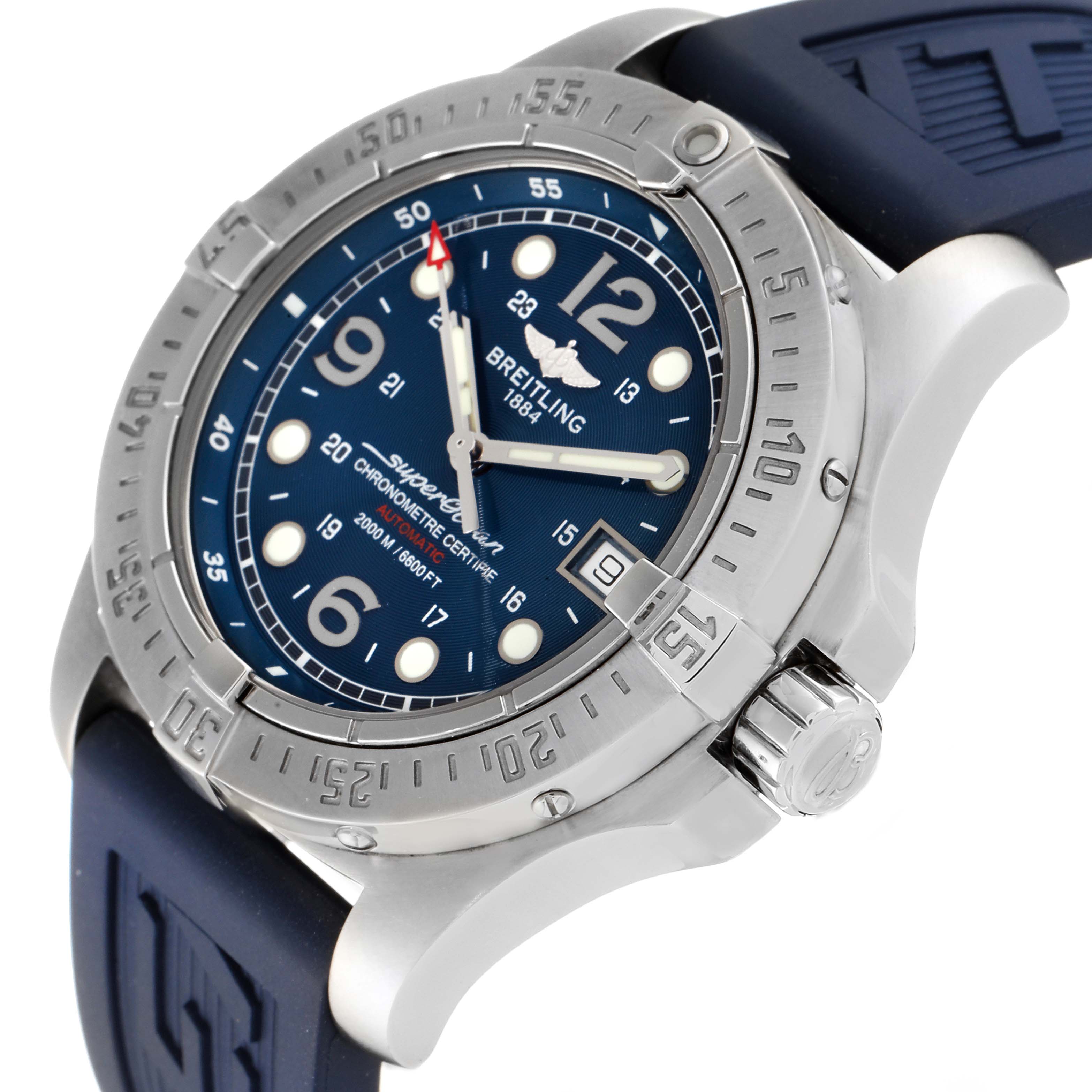 The image shows a close-up side angle of the Breitling Superocean A17390 Men's Stainless Steel Blue Dial A17390 Men's Stainless Steel Blue Dial watch, displaying the face, bezel, crown, and part of the strap.