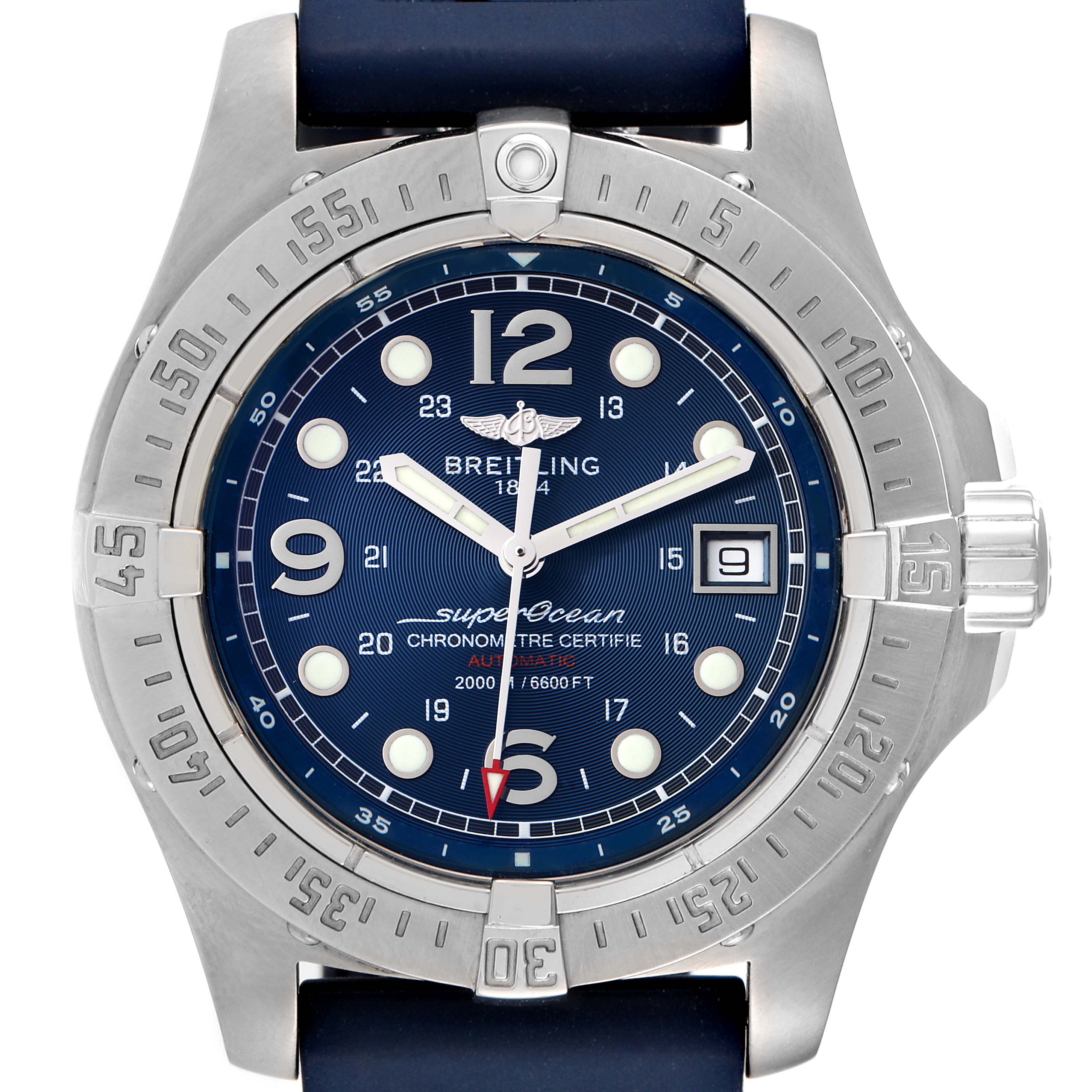 The image shows a front view of a Breitling Superocean A17390 Men's Stainless Steel Blue Dial A17390 Men's Stainless Steel Blue Dial watch, highlighting its dial, bezel, hands, and crown.