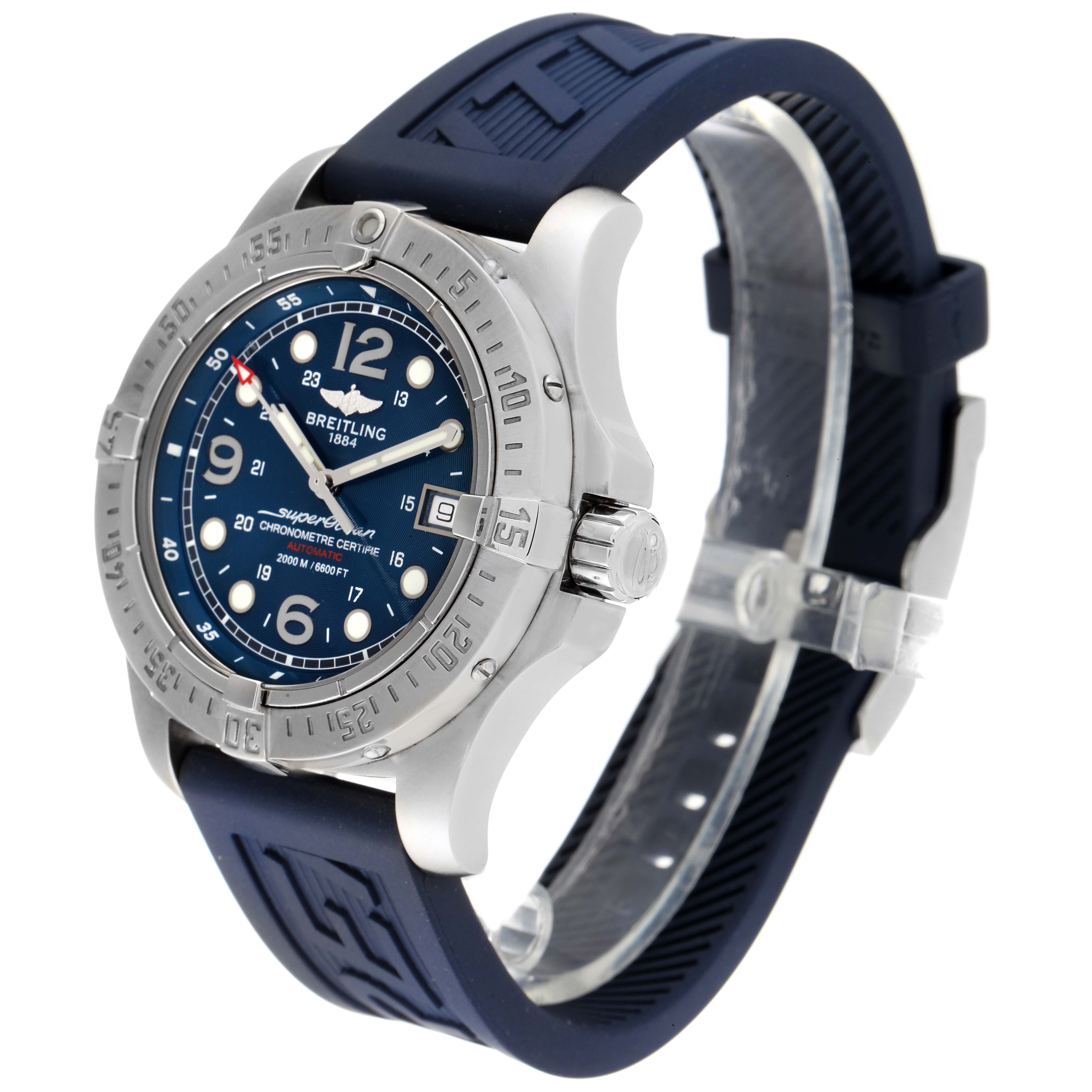 The image shows a front-angle view of a Breitling Superocean A17390 Men's Stainless Steel Blue Dial A17390 Men's Stainless Steel Blue Dial watch, highlighting its dial, bezel, case, and rubber strap.
