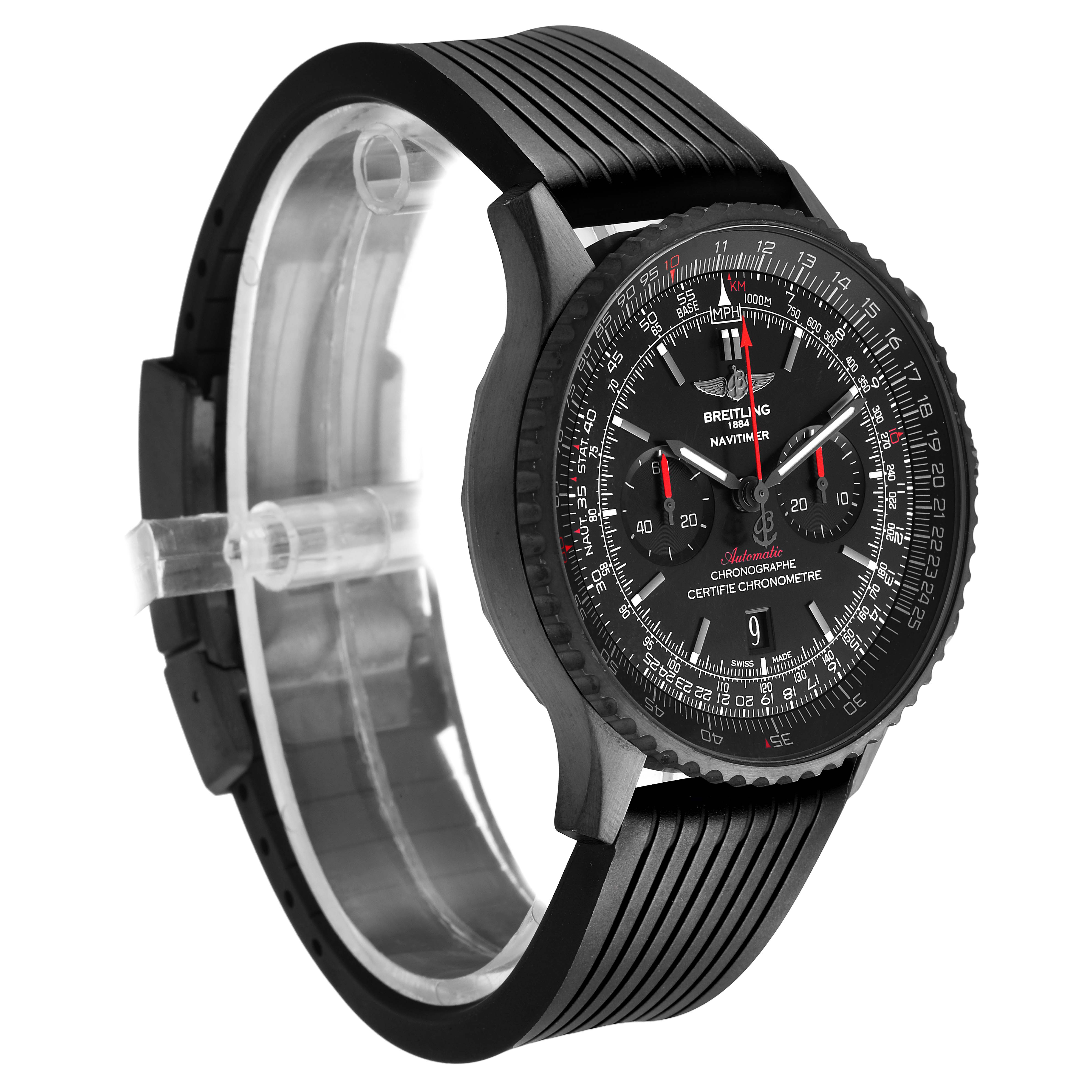 The Breitling Navitimer MB012822 / BE51 Men's Stainless Steel Black Dial watch is shown at an angle highlighting the face, bezel, and rubber strap.
