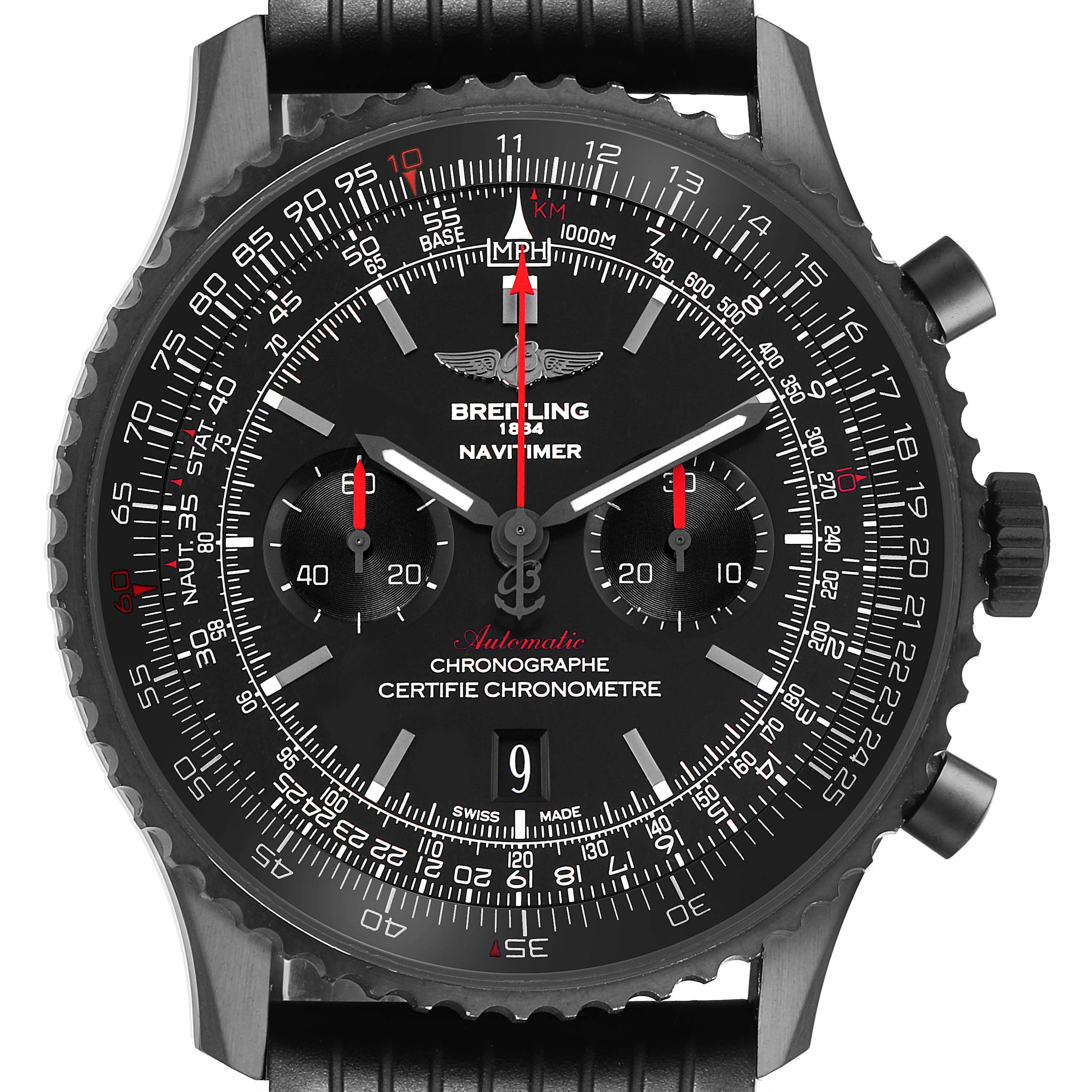 The image shows a front view of the Breitling Navitimer MB012822 / BE51 Men's Stainless Steel Black Dial watch, highlighting its chronograph dials and bezel.