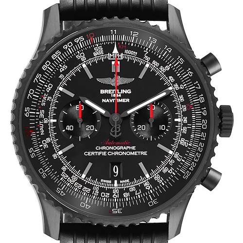 The Breitling Navitimer MB012822 / BE51 Men's Stainless Steel Black Dial model is shown from a front angle, highlighting the chronograph dial, tachymeter scale, and crown.