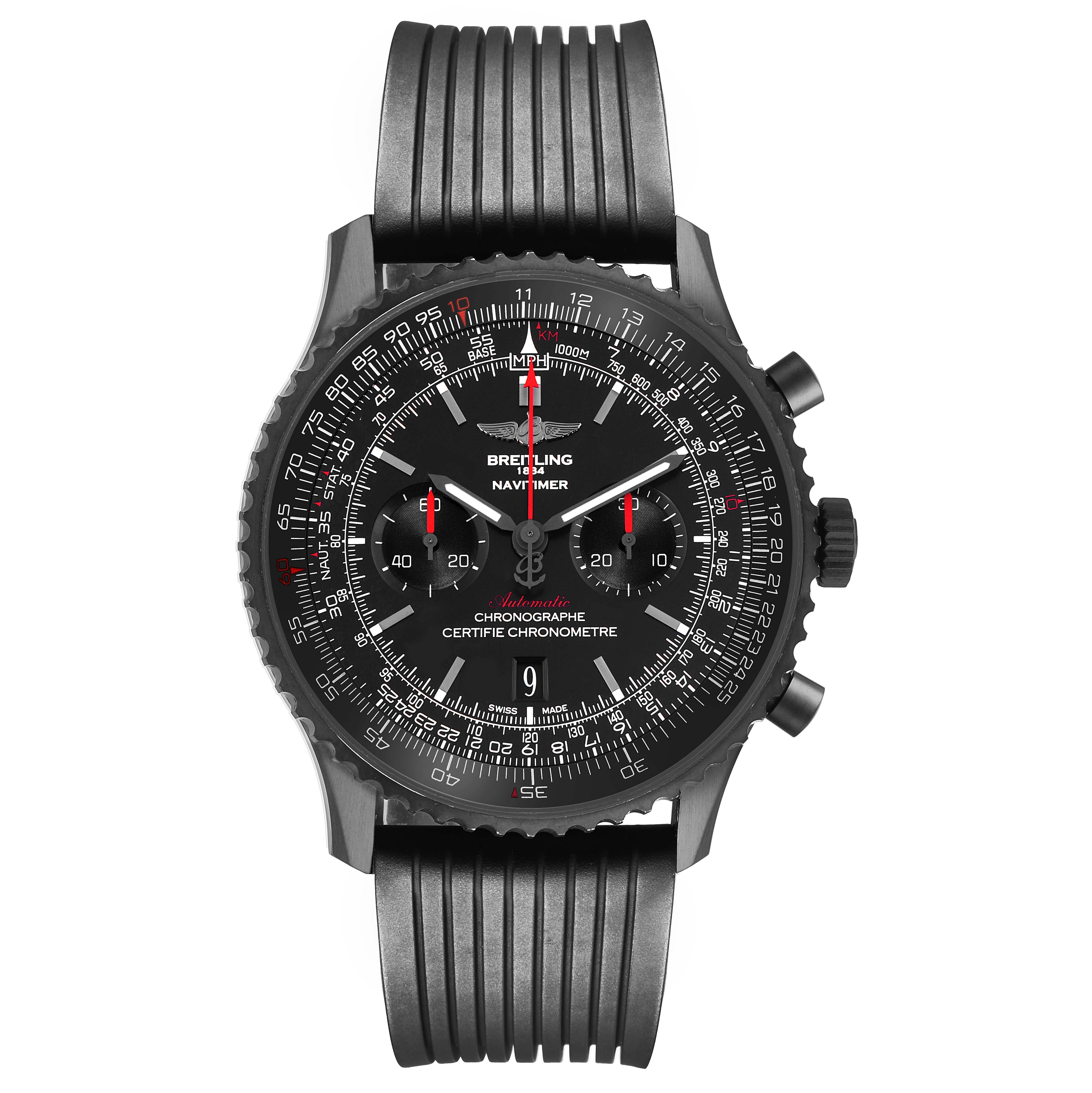 The Breitling Navitimer MB012822 / BE51 Men's Stainless Steel Black Dial watch is shown from a top-down angle, displaying the face, bezel, and black strap.