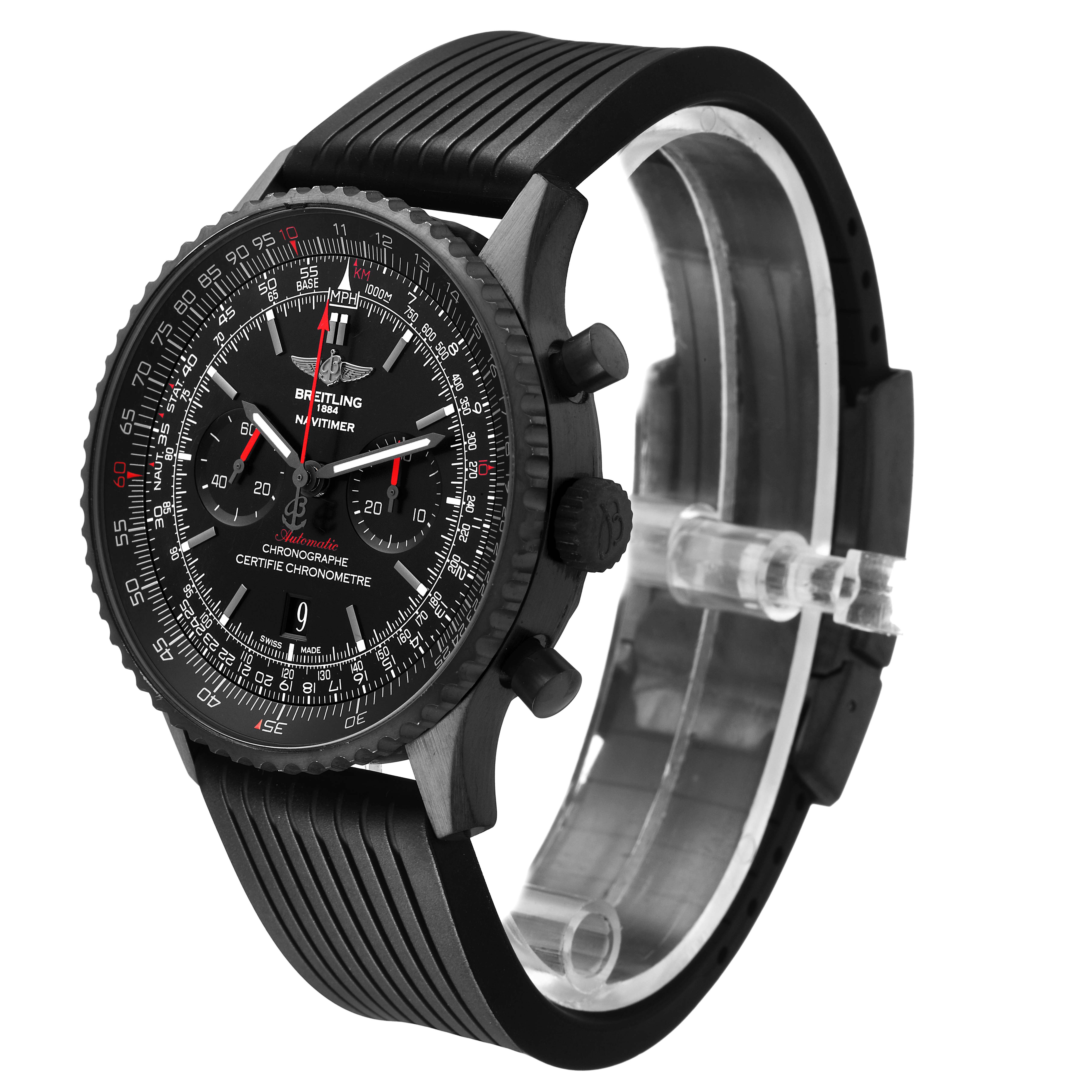 The Breitling Navitimer MB012822 / BE51 Men's Stainless Steel Black Dial watch is shown at a three-quarter angle, highlighting the bezel, dial, and chronograph pushers.