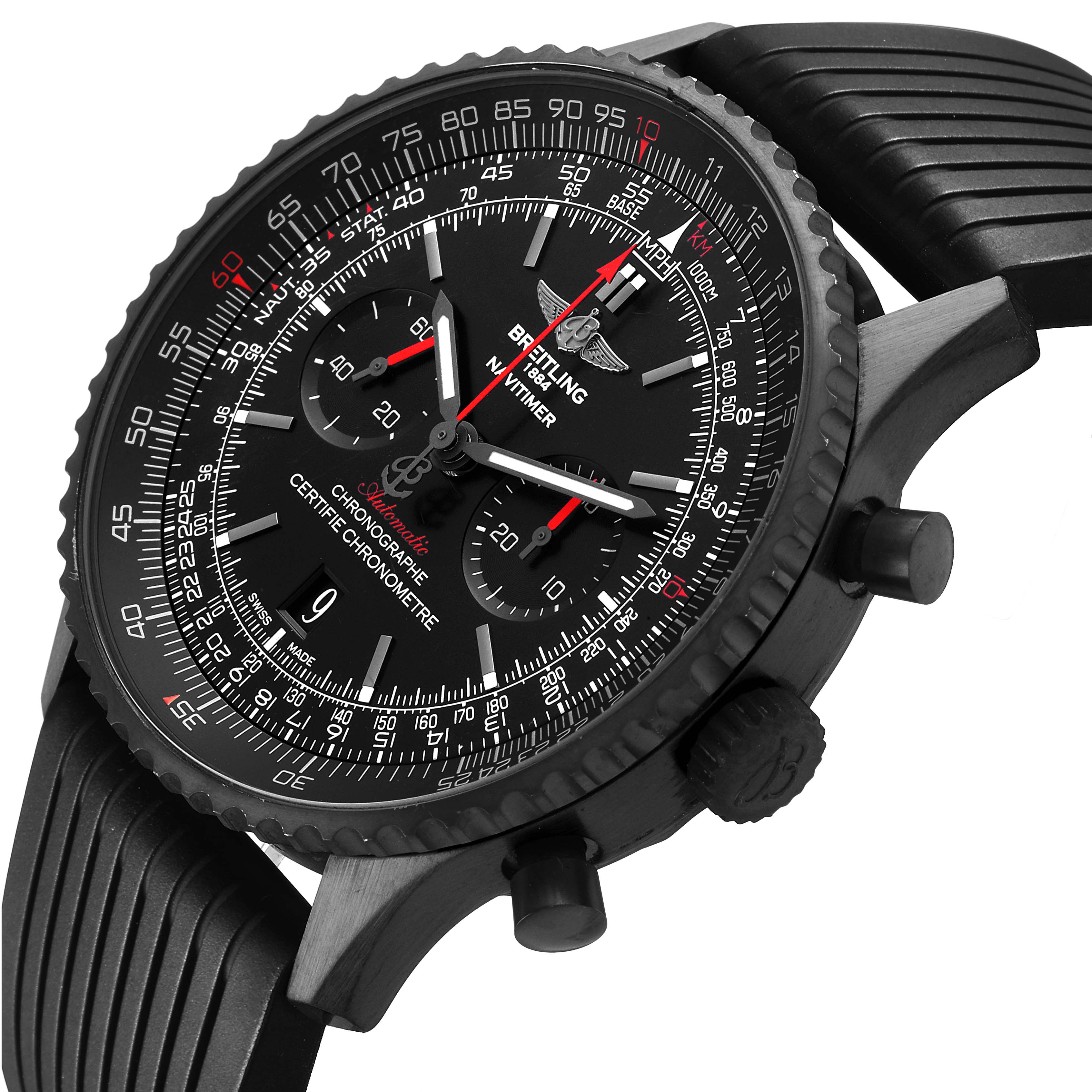 The Breitling Navitimer MB012822 / BE51 Men's Stainless Steel Black Dial watch is shown at a slight angle highlighting the face, dials, bezel, crown, and pushers.